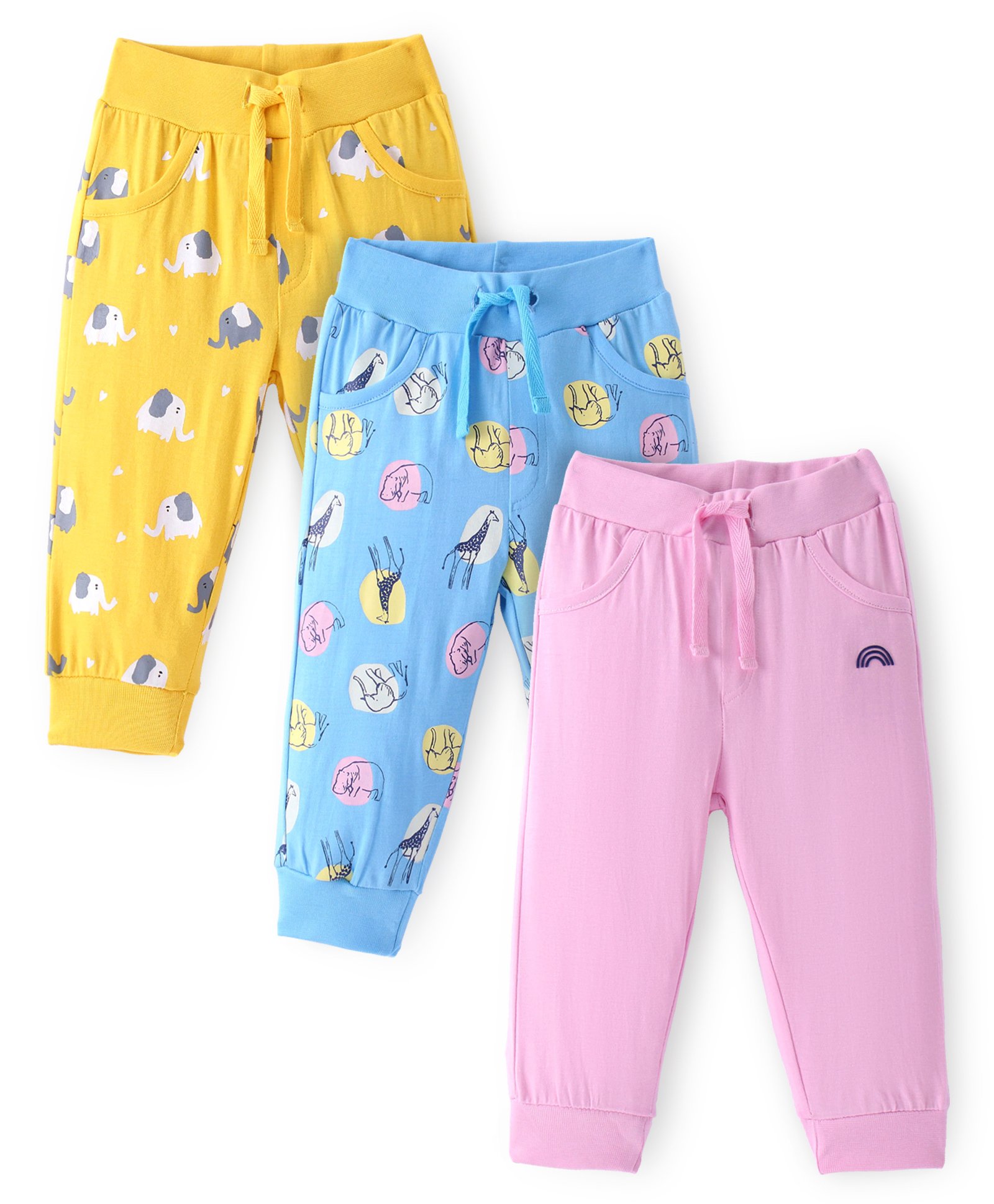 Doodle Poodle  Cotton Single Jersey Knit Full Length Lounge Pant Elephant & Giraffe  Print Pack of 3 - Yellow Pink & Blue-image-16