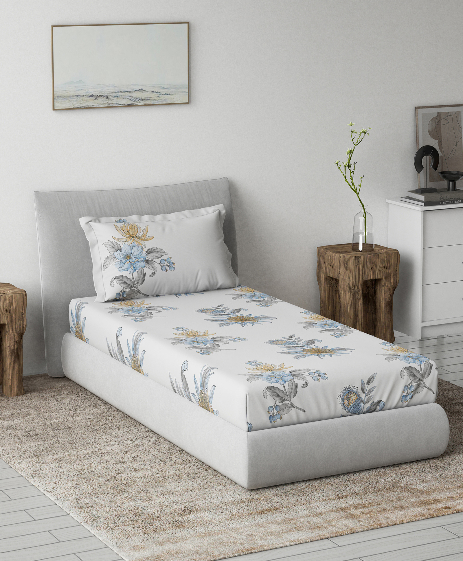 d'decor DDecor Blue White Floral 144 TC Single Bedsheet with 1 Pillow Covers-picture-44
