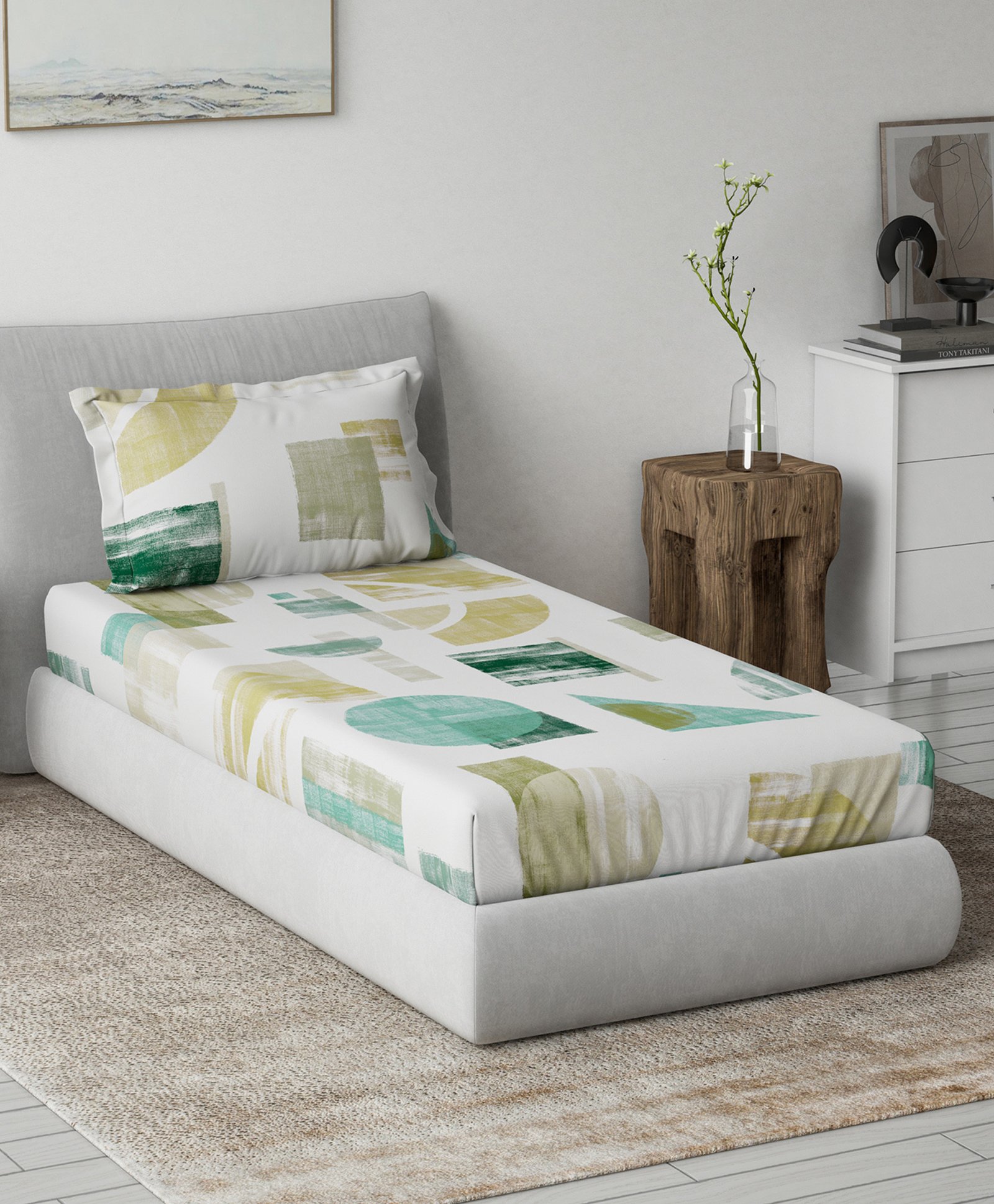 d'decor DDecor Green White Geometric 144 TC Single Bedsheet with 1 Pillow Covers-picture-32