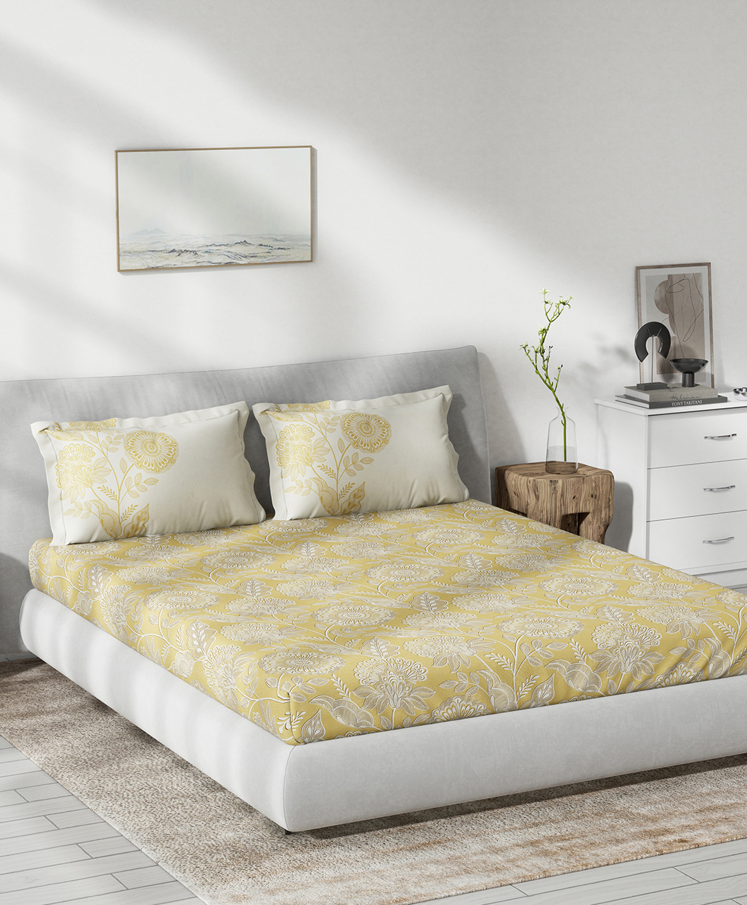 d'decor DDecor Yellow White Floral 144 TC Cotton Queen Bedsheet with 2 Pillow Covers-picture-31
