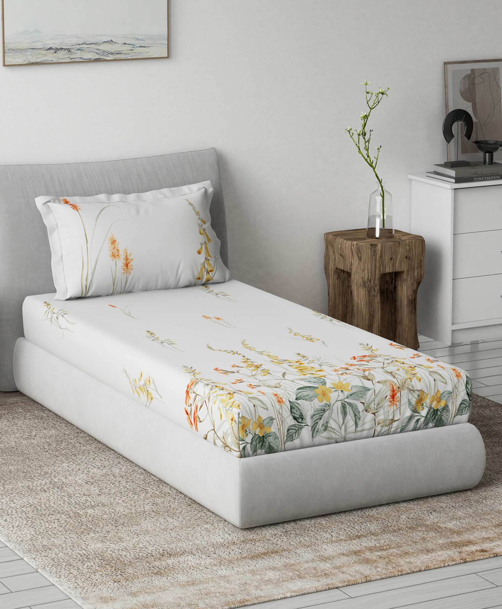 d'decor DDecor Yellow White Floral 144 TC Single Bedsheet with 1 Pillow Covers-picture-30