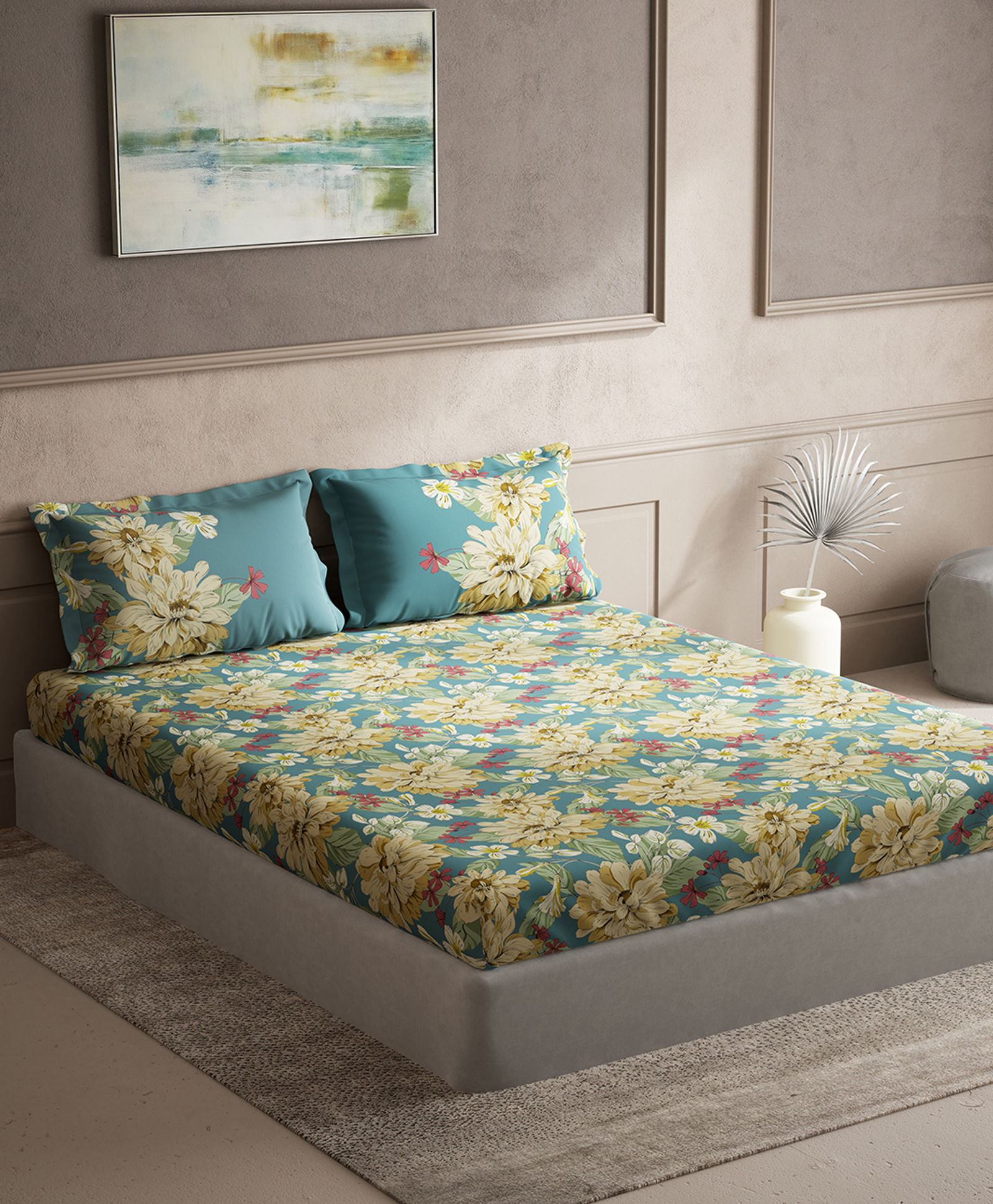 d'decor DDecor Blue Yellow Floral Cotton 144 TC Queen Bedsheet With 2 Pillow Covers-picture-11