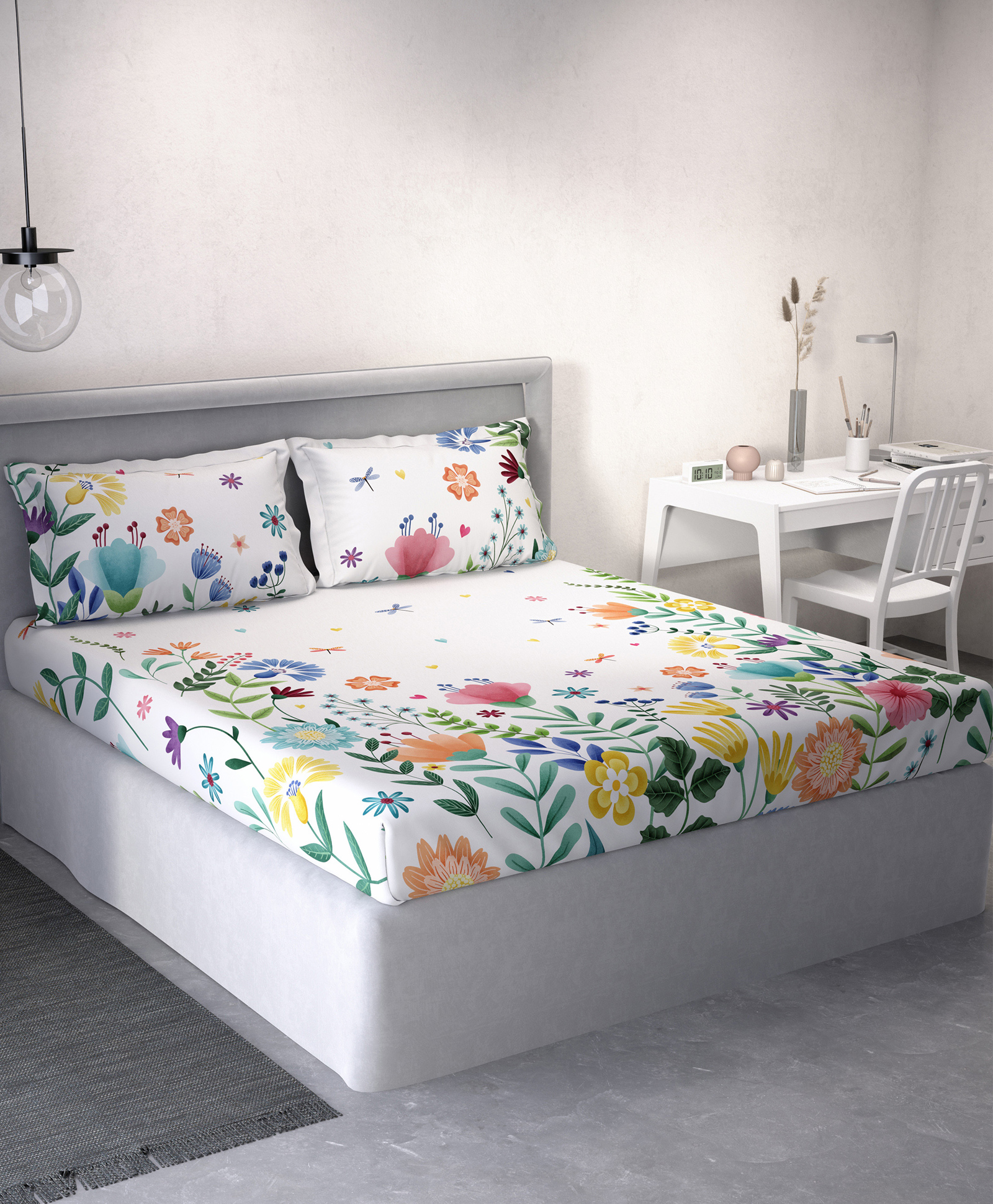 d'decor DDecor White Blue Floral Cotton 144 TC Queen Bedsheet With 2 Pillow Covers-picture-34