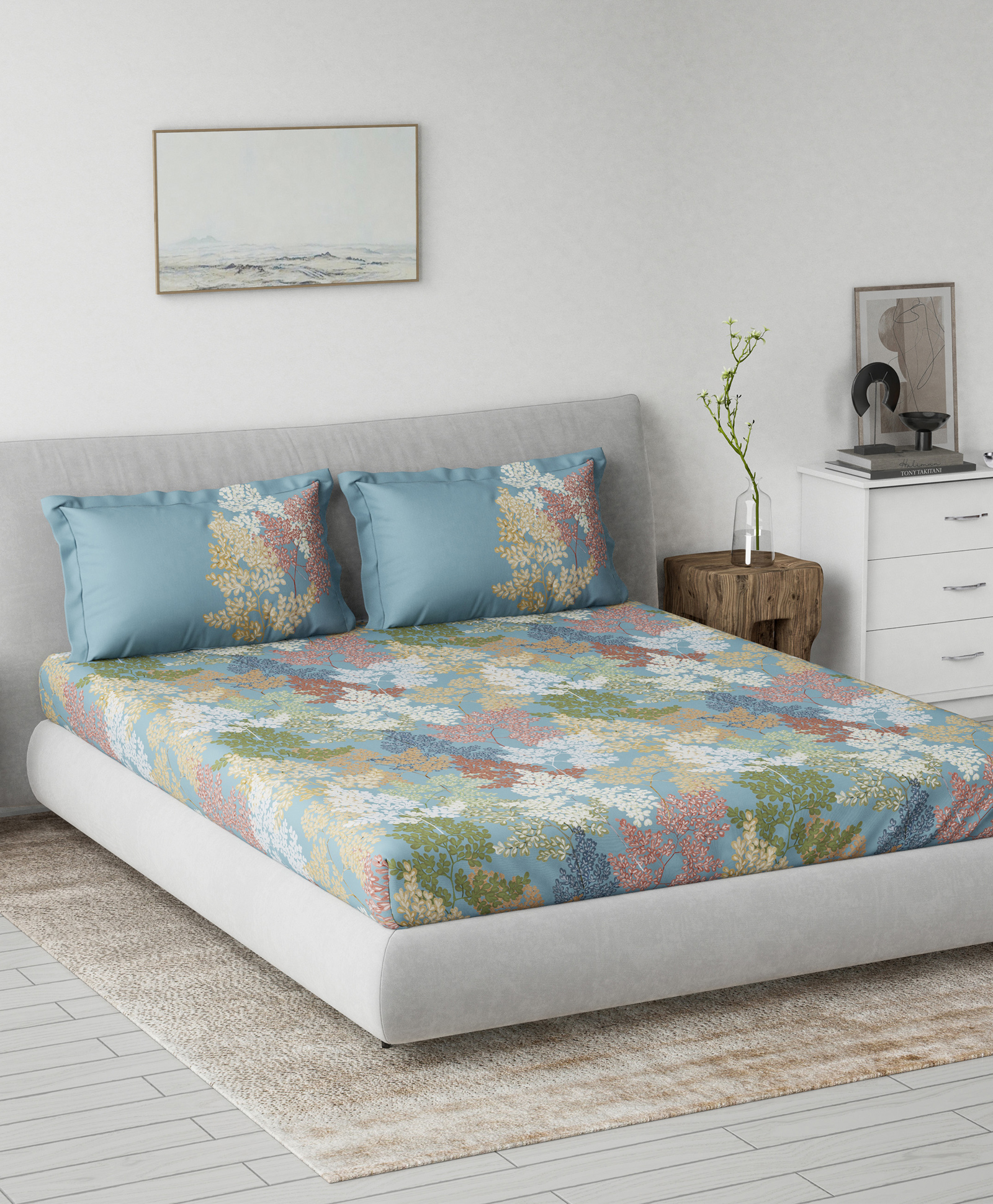 d'decor DDecor Blue & White Floral Cotton 145 TC King Fitted Bedsheet With 2 Pillow Covers-picture-15
