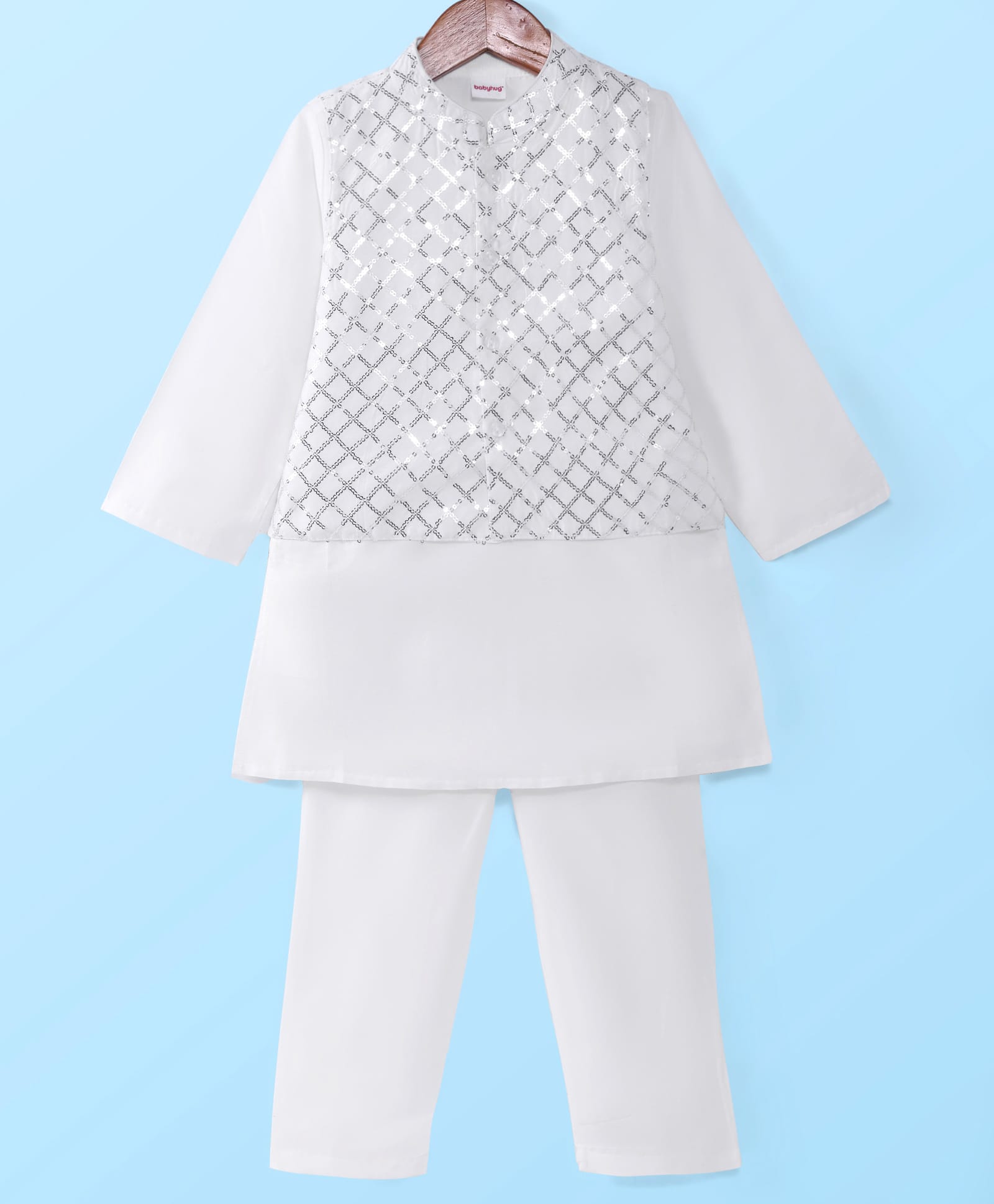 Babyhug Full Sleeves Solid Kurta Pyjama Set with Sequenced Embroidered Jacket - White & Silver-image-37