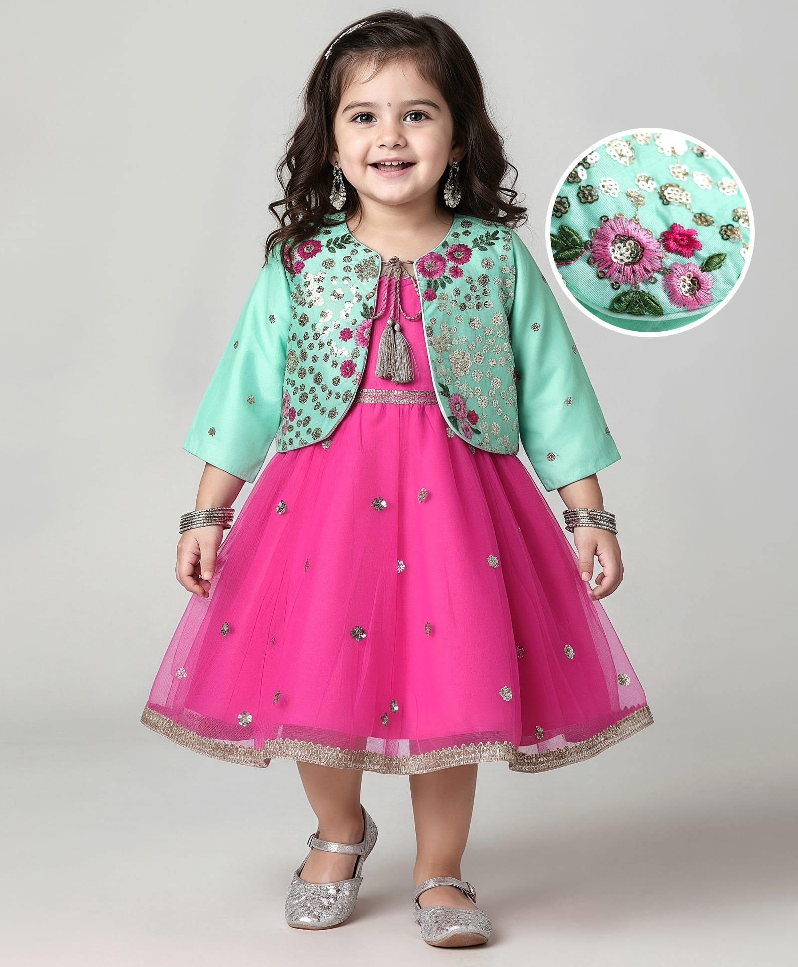 Babyhug Woven Ethnic Dress with Three Fourth Sleeves Shrug & Sequin Detailing & Floral Embroidery - Dark Pink & Sea Green-image-40