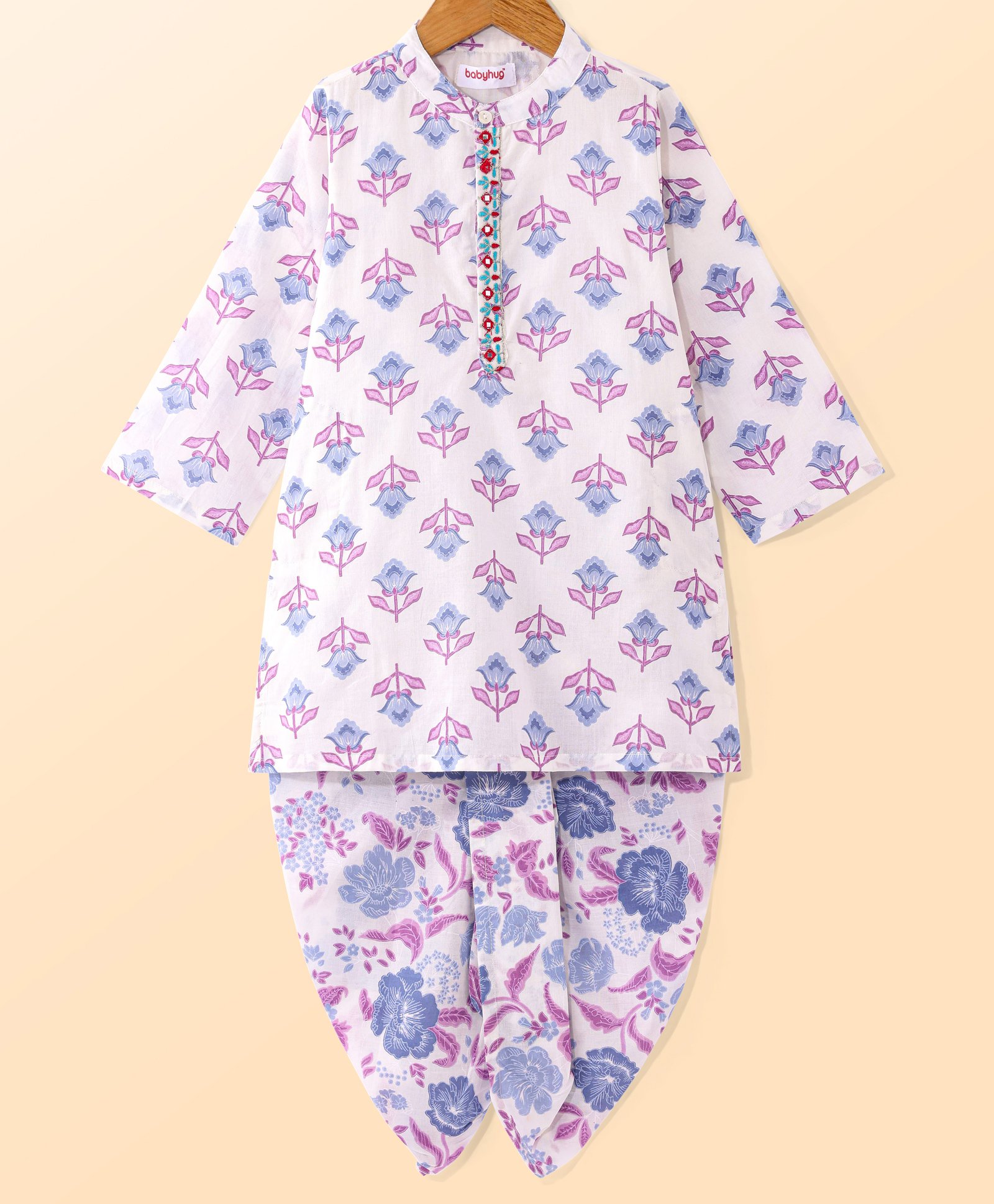 Babyhug Cambric Woven Full Sleeves Floral Printed Kurta Dhoti Set - Blue-picture-25