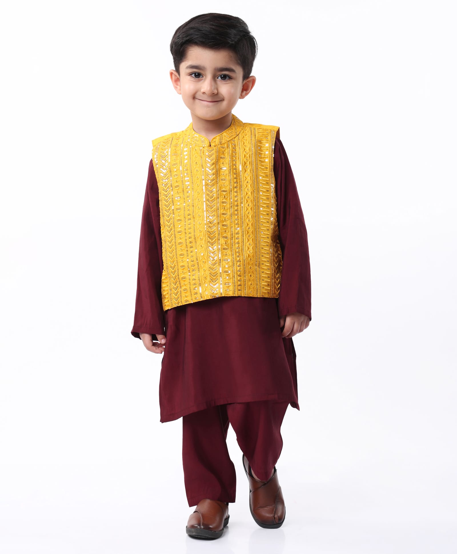 Babyhug Woven Full Sleeves Solid Kurta Pyjama Set with Sequin Embroidered Jacket - Maroon-picture-33
