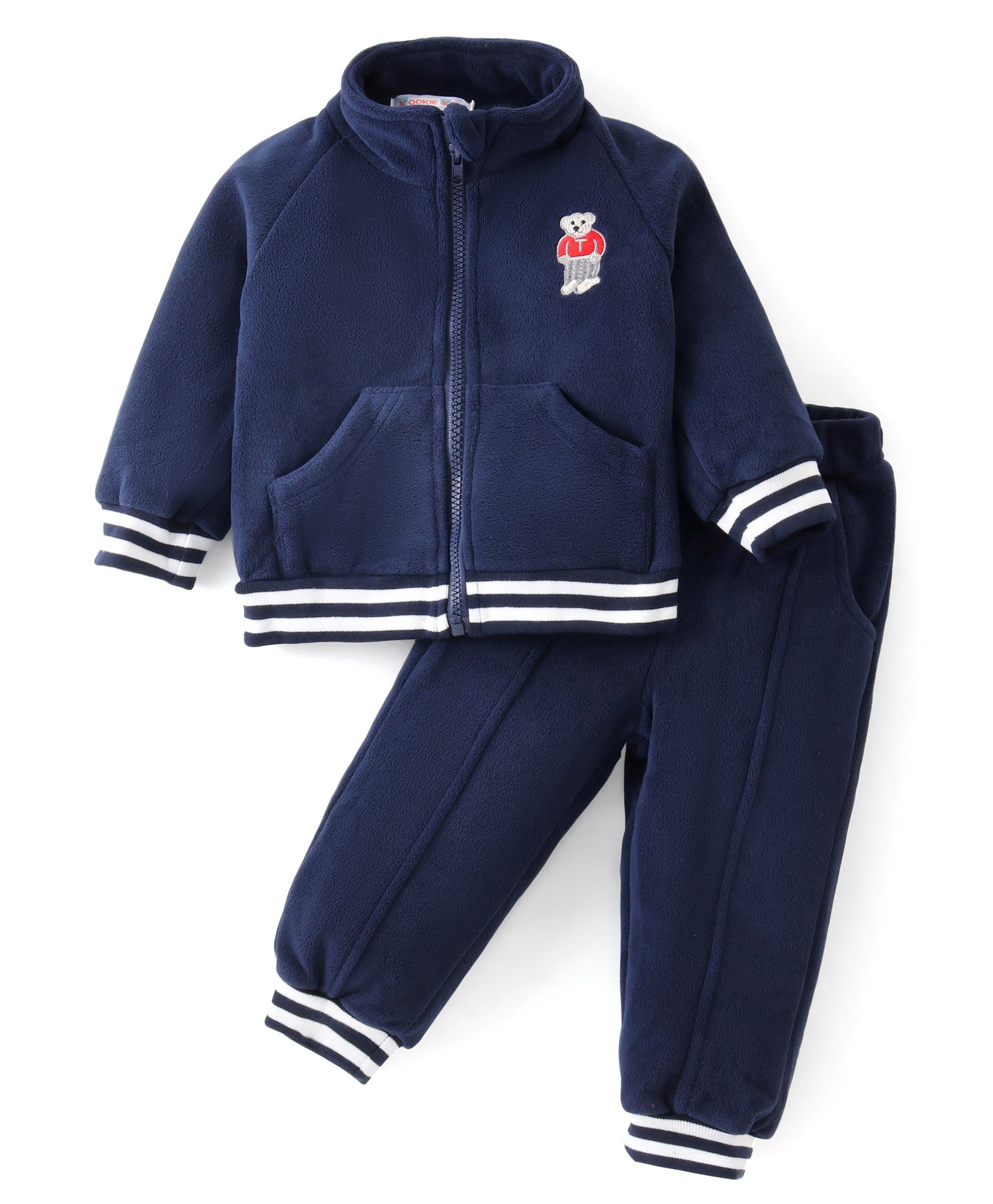Kookie Kids Full Sleeves High Neck Front Zipper Winter Wear Co-Ord Set With Kangaroo Pocket & Teddy Embroidery - Navy-picture-13