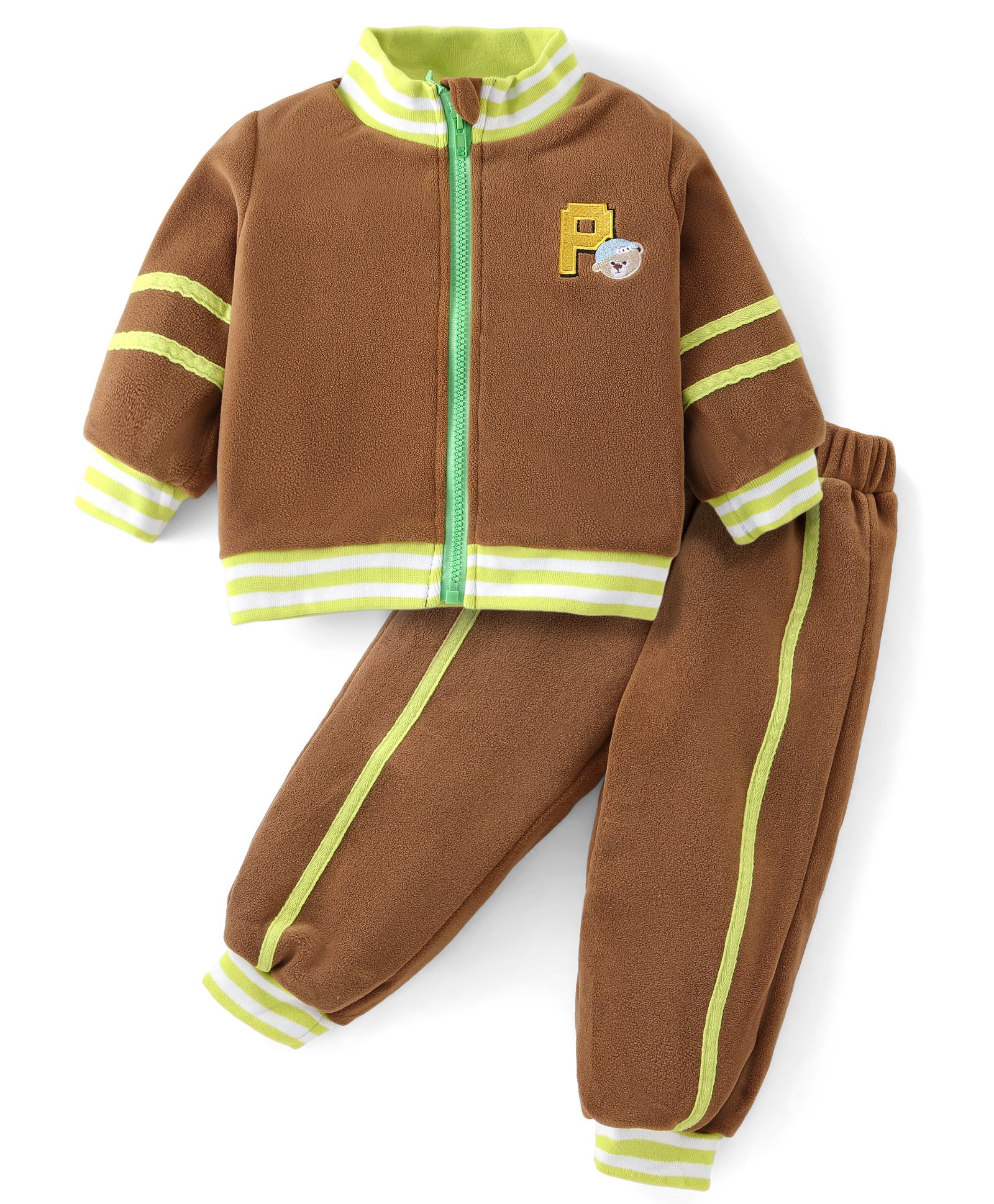 Kookie Kids Full Sleeves Front Zipper Winter Wear Suit With Stripes & Teddy Applique - Light Brown-image-35