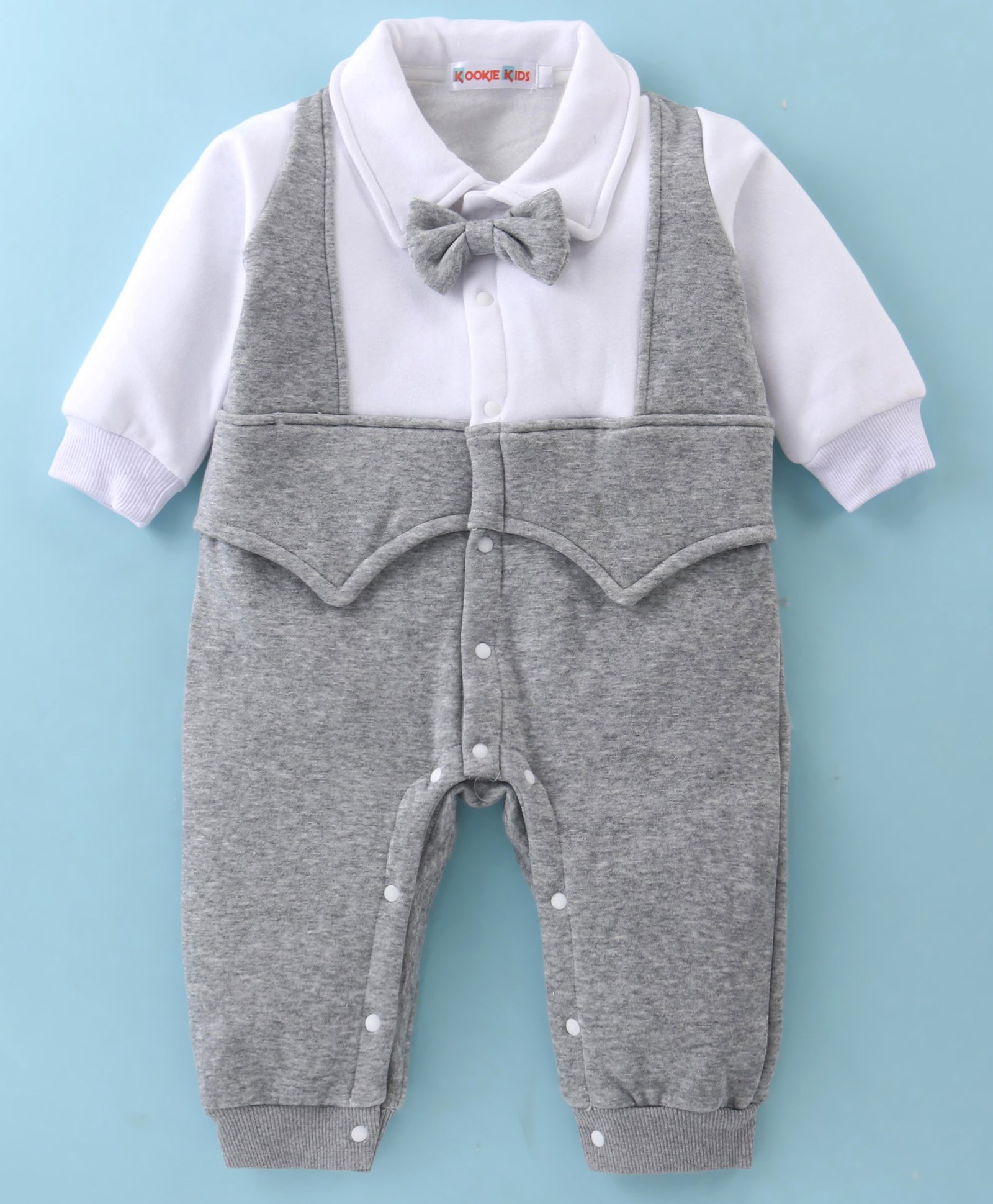 Kookie Kids Full Sleeves Solid Color Romper with Bow- Grey-image-26