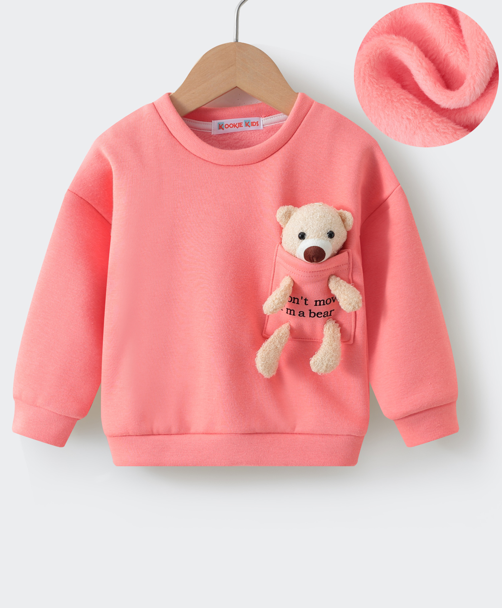 Kookie Kids Full Sleeves Drop Shoulder Winter T-Shirt with 3D Bear Applique - Pink-picture-11