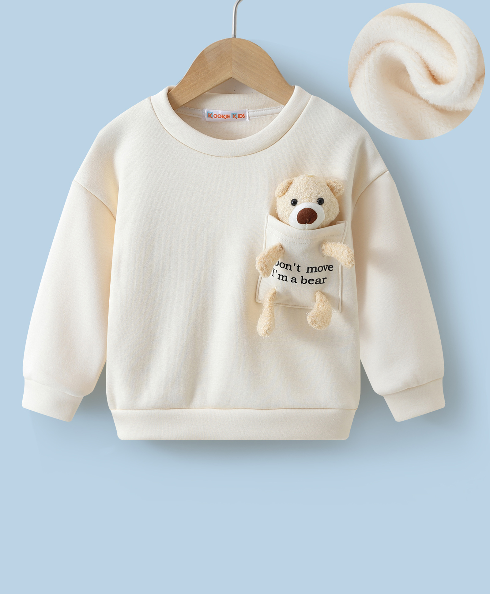 Kookie Kids Full Sleeves Drop Shoulder Winter T-Shirt with 3D Bear Applique - Off White-picture-16