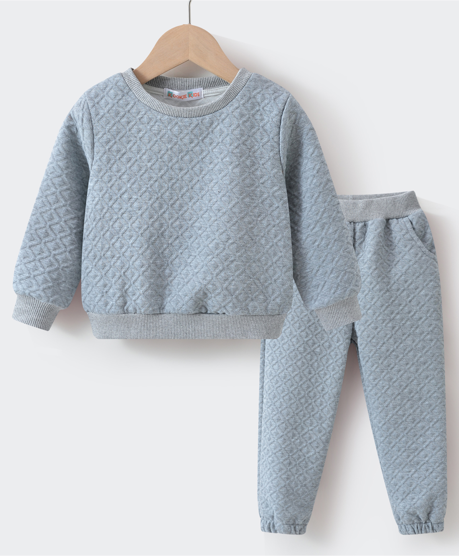Kookie Kids Full Sleeves Textured Winter Wear Co-Ord Set - Light Grey-image-9