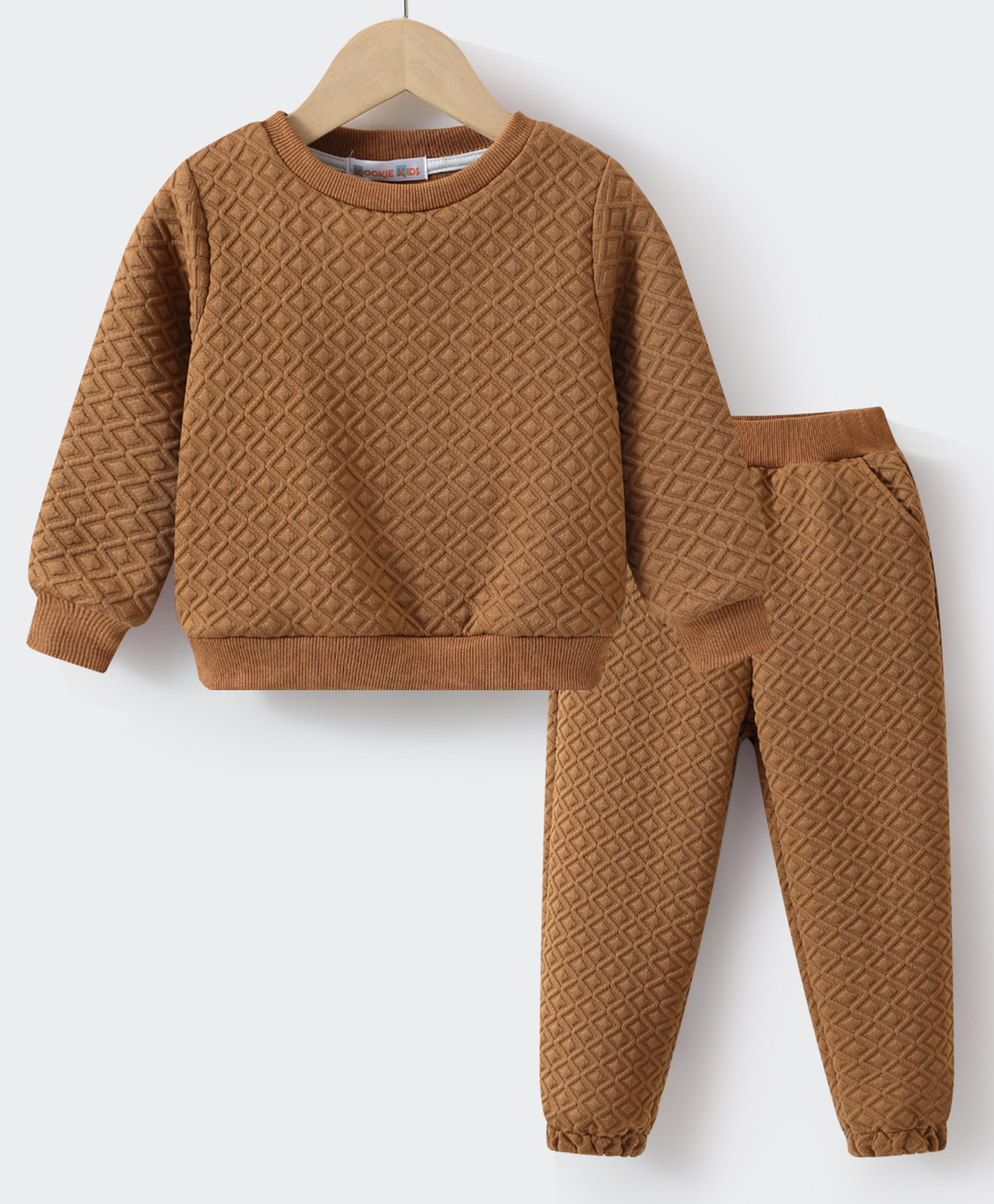 Kookie Kids Full Sleeves Textured Winter Wear Co-Ord Set - Brown-image-6