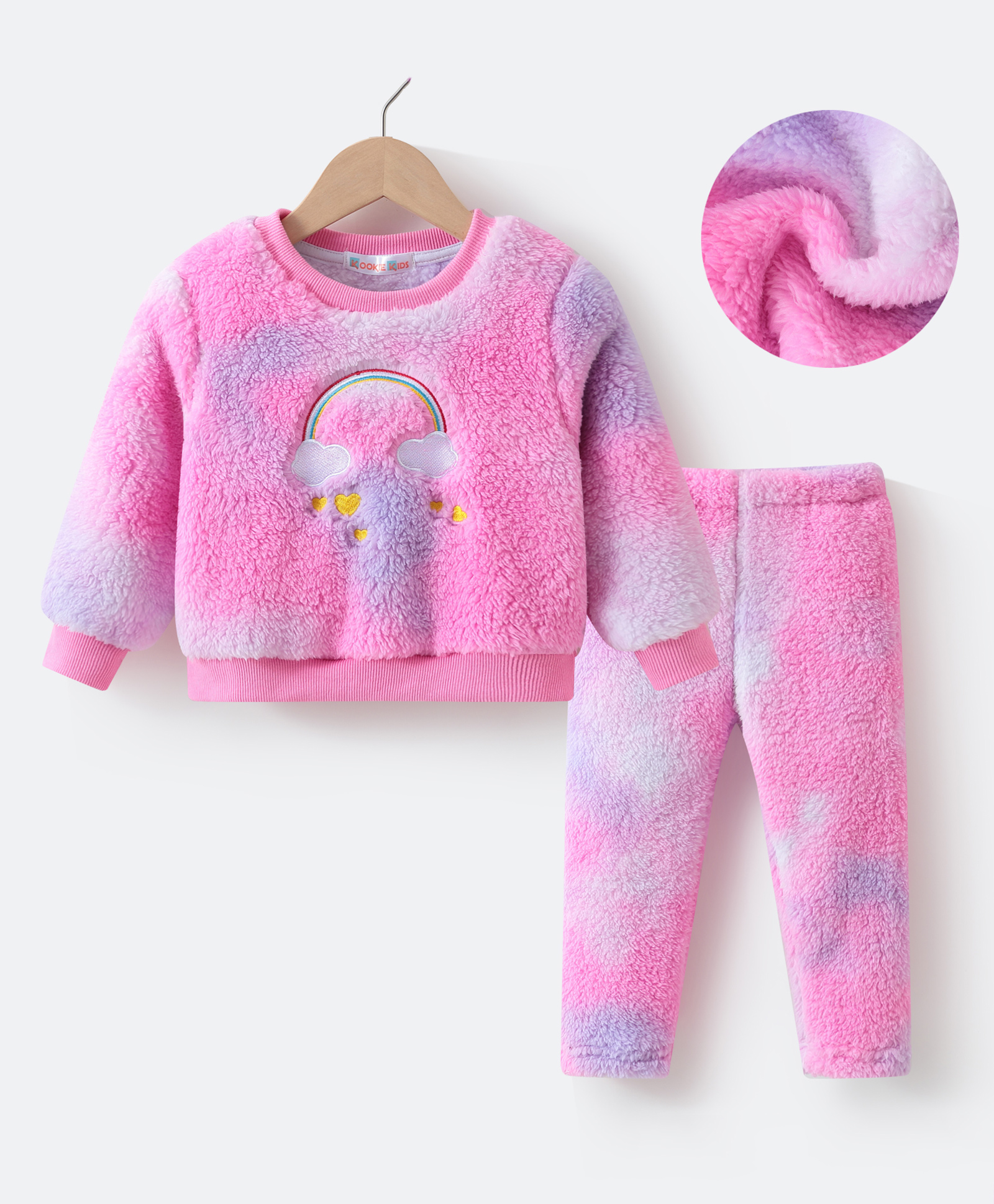 Kookie Kids Full Sleeves Tie & Dye T-Shirt & Lounge Pants Winter Wear Set With Heart & Rainbow Embroidery - Pink-picture-33