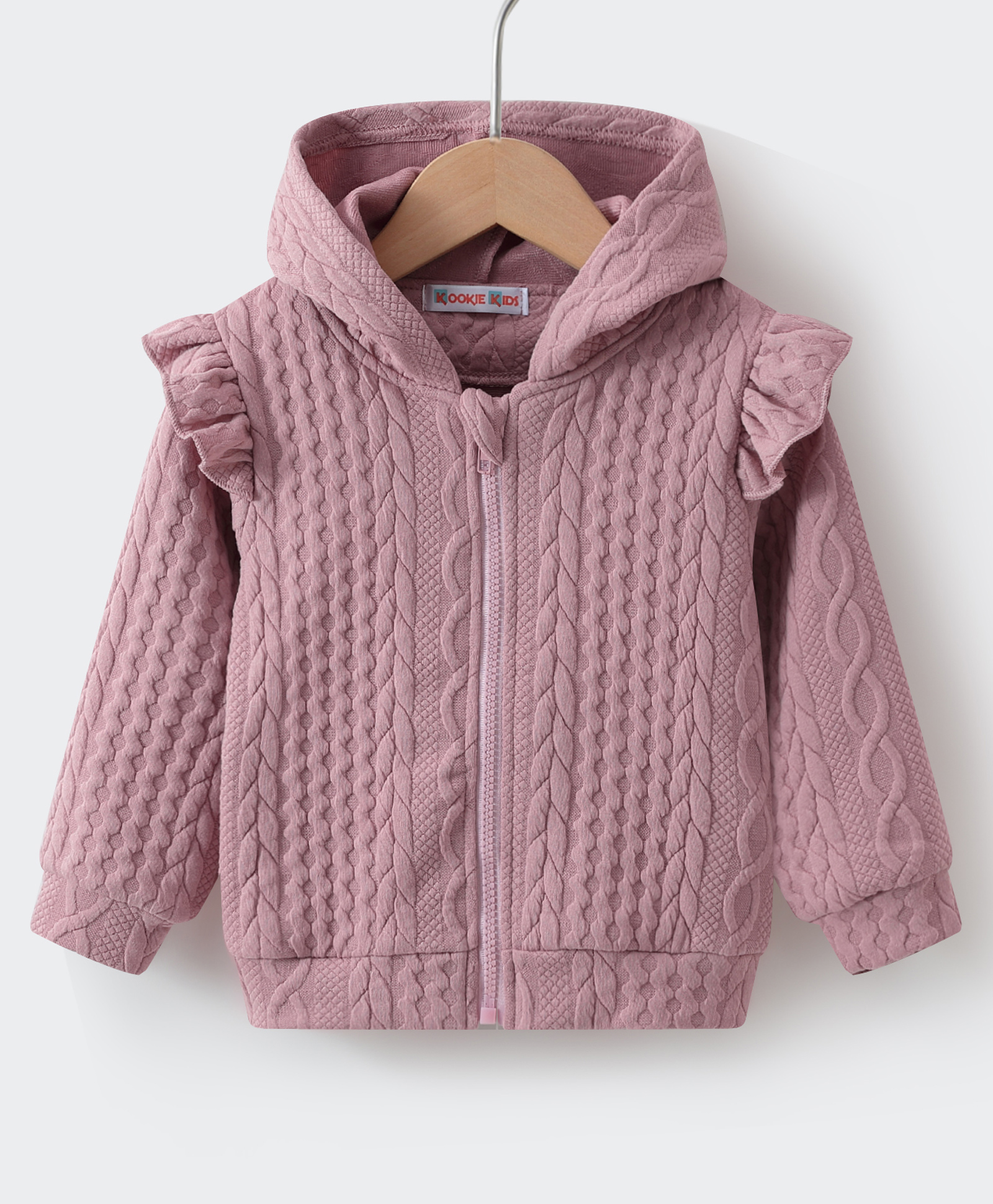 Kookie Kids Full Sleeves Hooded Sweatjacket with Frill Detailing & Cable Knit Design - Pink-image-47