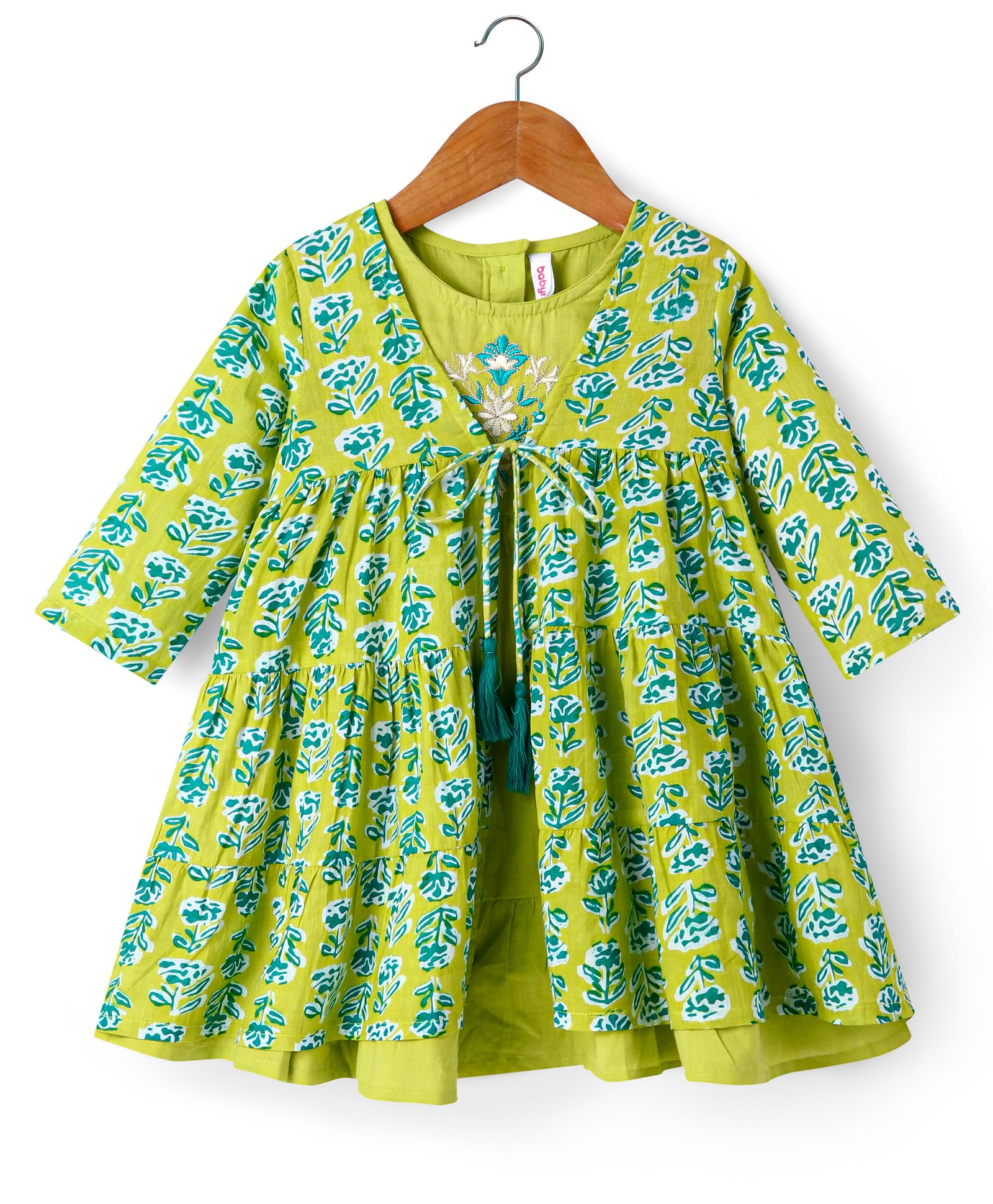 Babyhug Cotton Woven Tiered Frock with Three Fourth Sleeves Floral Printed Tie Up Shrug - Limegreen-picture-27