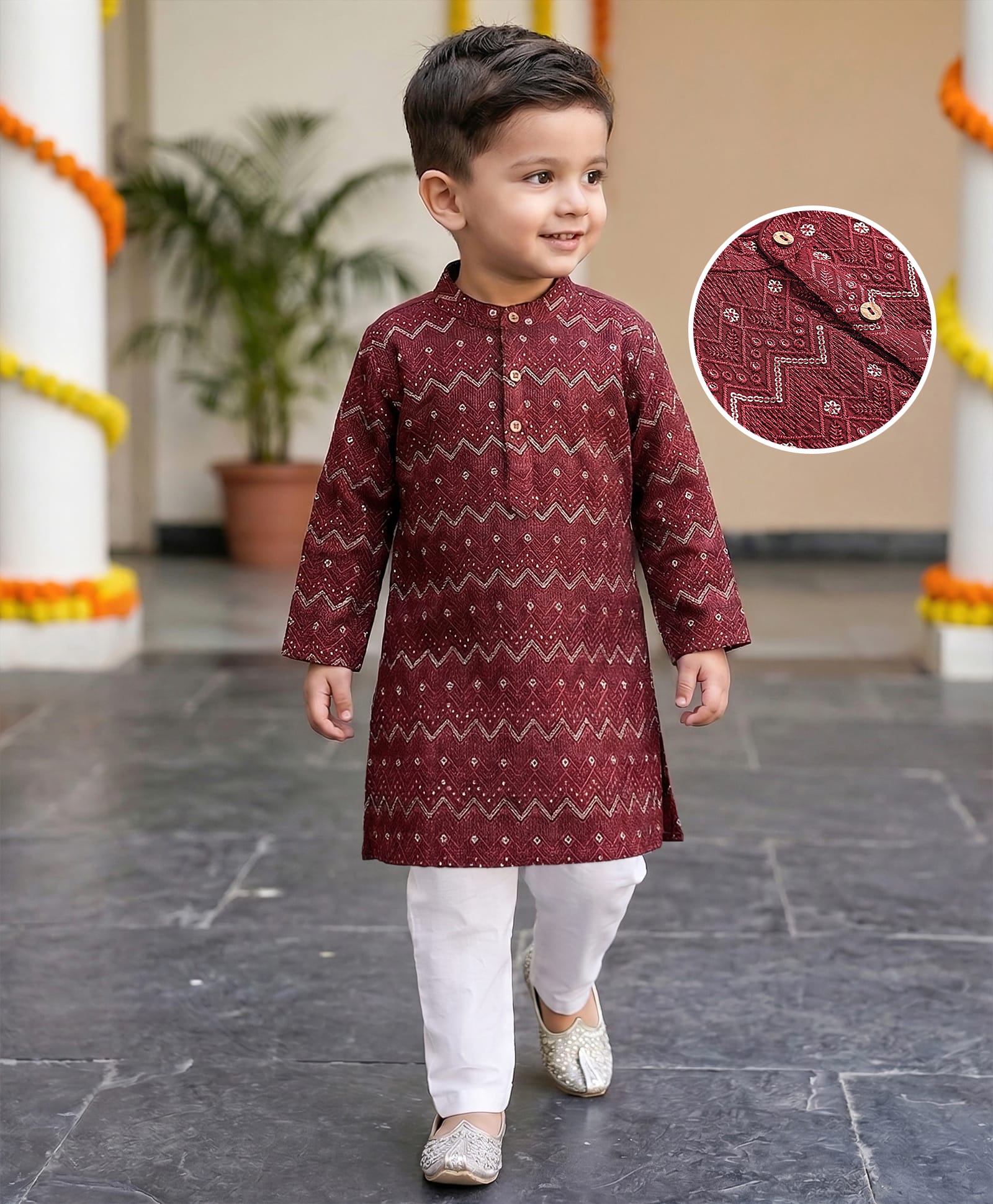 Babyhug Woven Full Sleeves Sequin Embroidered Kurta Pyjama Set - Maroon-picture-12