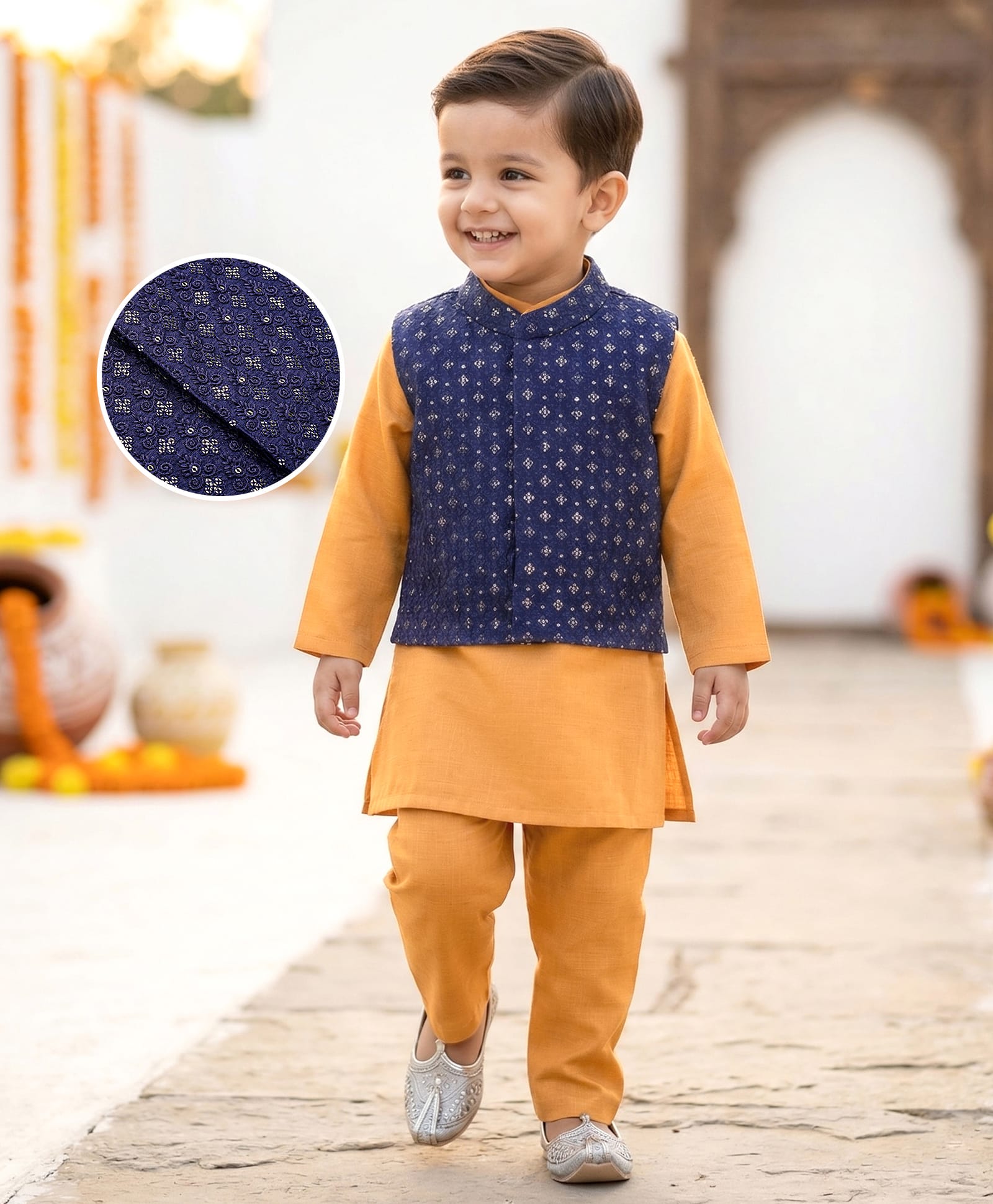 Babyhug Cotton Woven Full Sleeves Kurta & Pajama Set with Embroidered Jacket - Orange-image-38