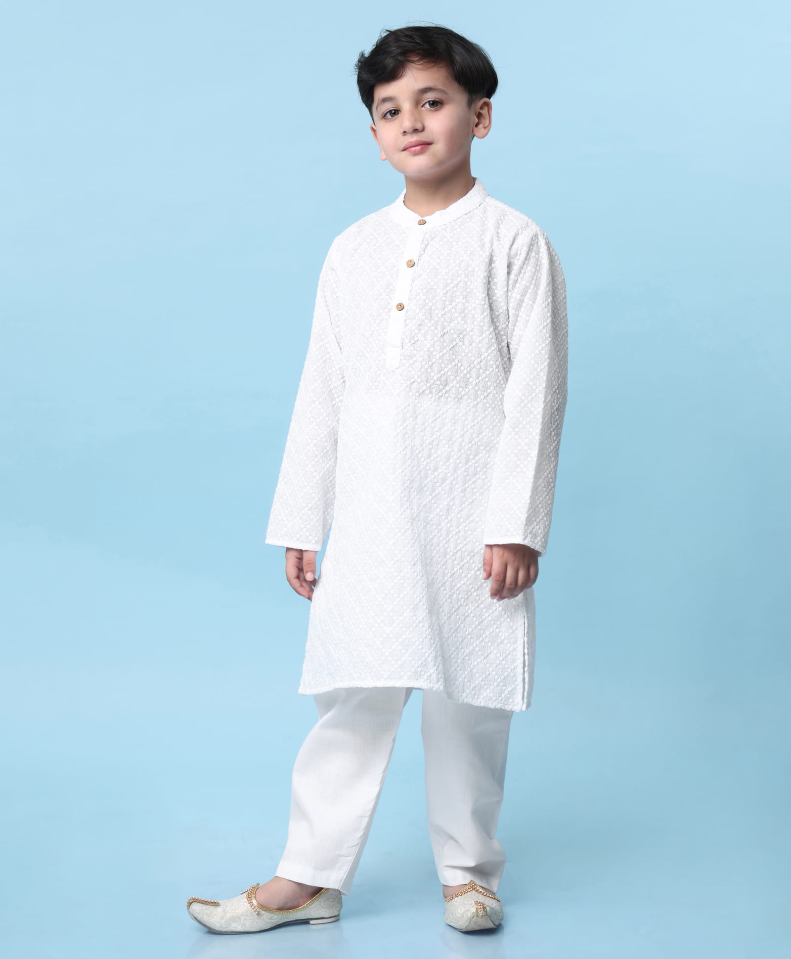 Babyhug Cotton Woven Full Sleeves Solid Embroidered Kurta Pyjama Set - White-image-10