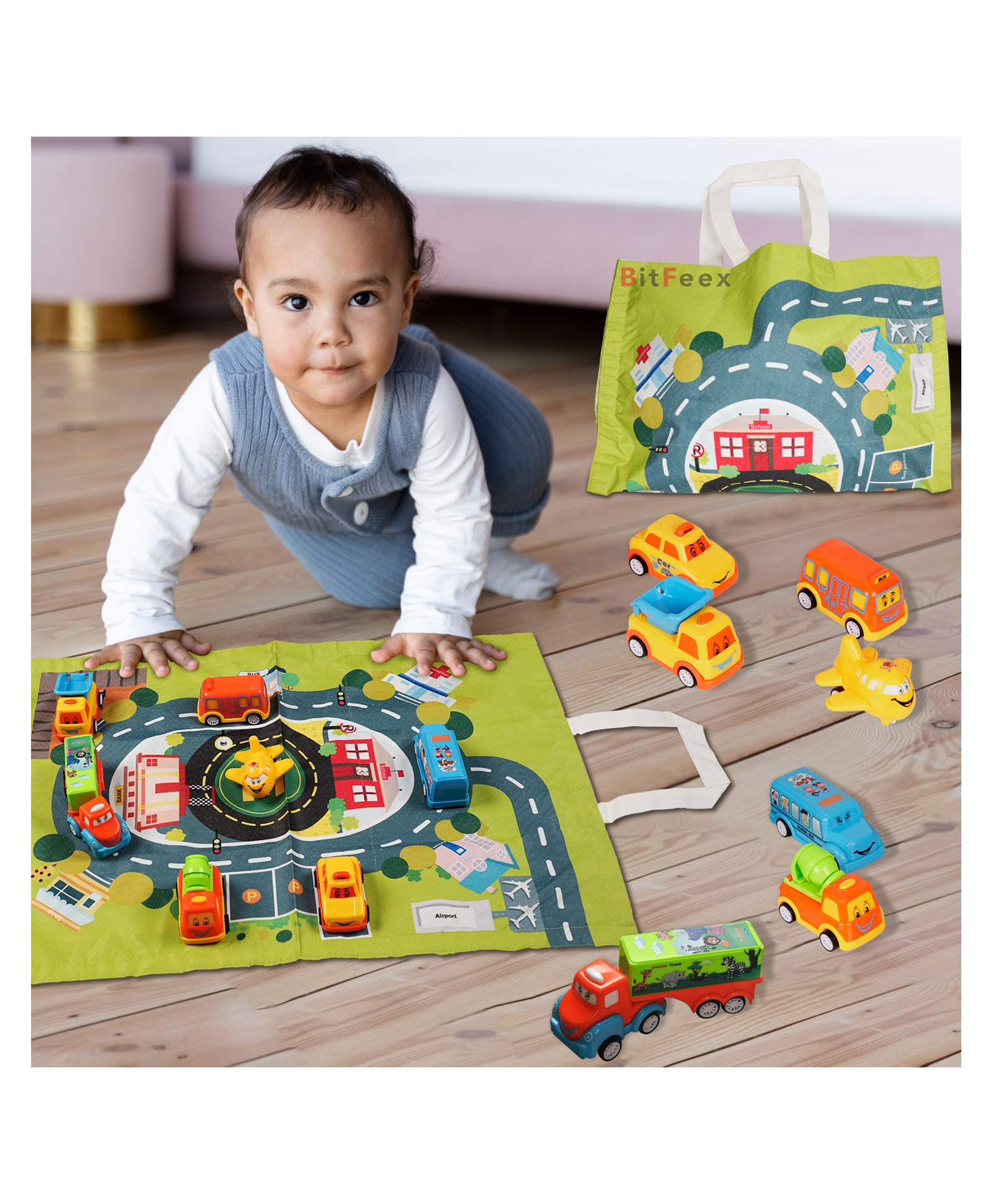 BitFeex Friction Pull-Back Vehicle Baby Toys with Play Mat Storage Bag for Toddlers- Car Set-7 Pcs-image-18