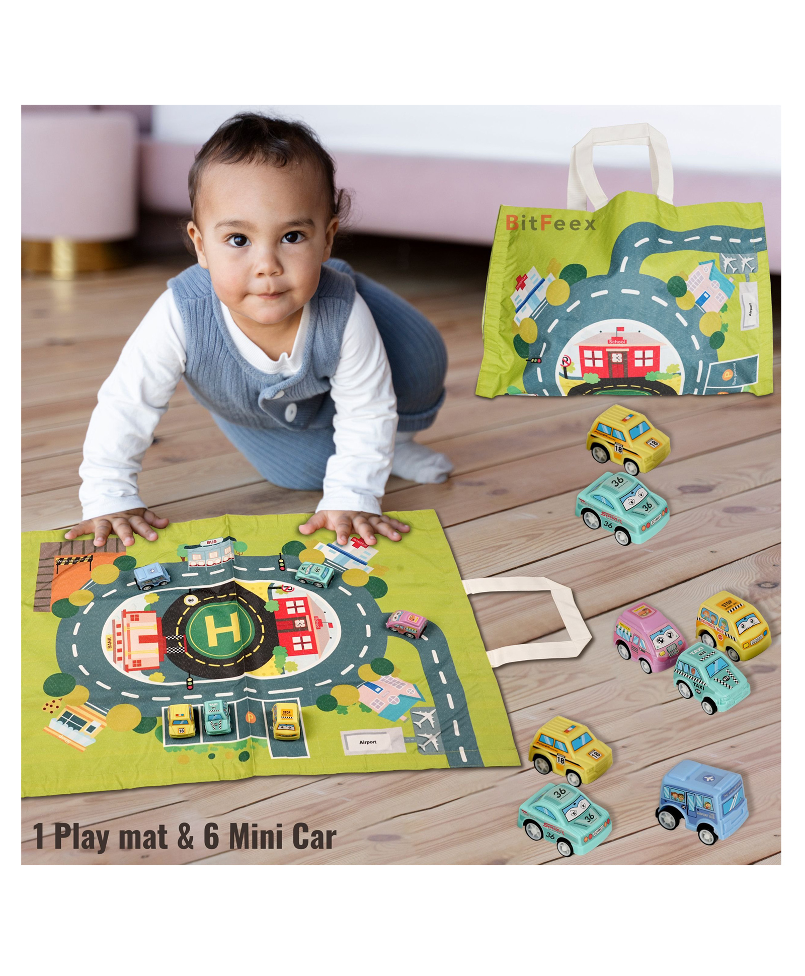 BitFeex Friction Pull-Back Vehicle Baby Toys with Play Mat Storage Bag for Toddlers-Multicolor-image-19