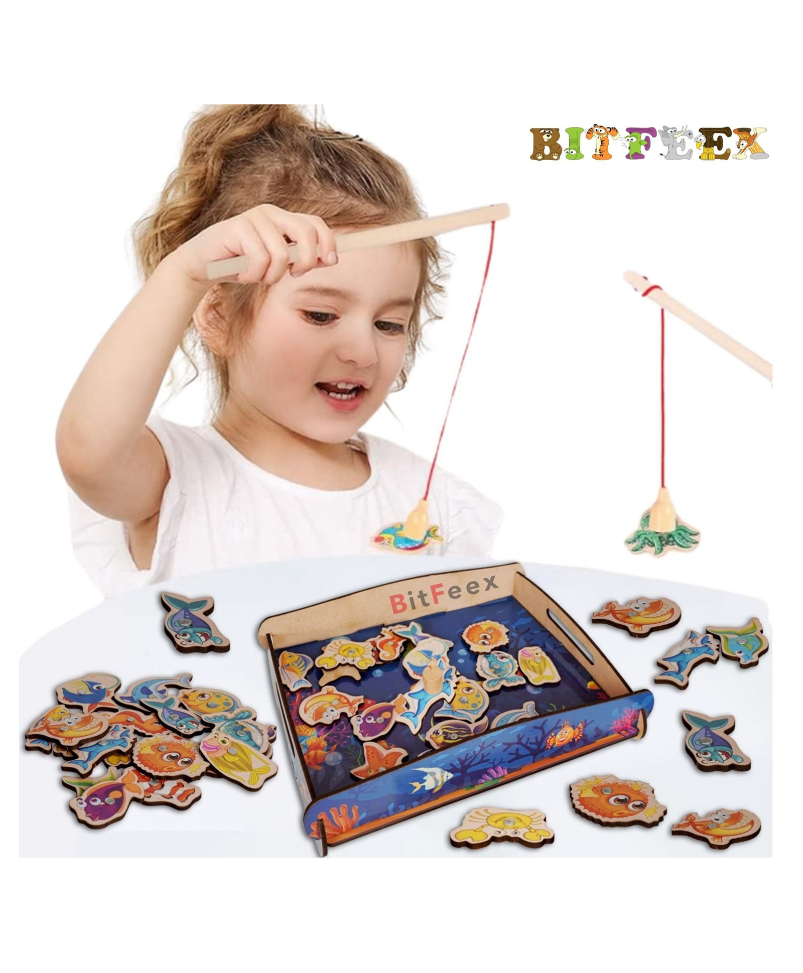 BitFeex Wooden Magnetic Fishing Catching Game With Tray- 18 pieces