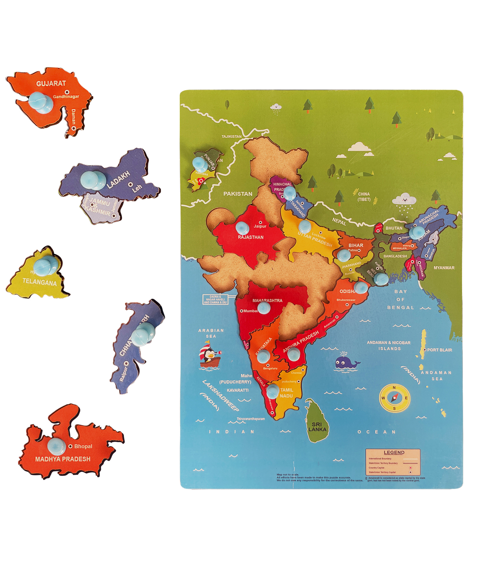 BitFeex Wooden India Map Jigsaw Puzzle Wooden Pegged Puzzle, Learning & Educational Toys- 17 Pieces-image-19