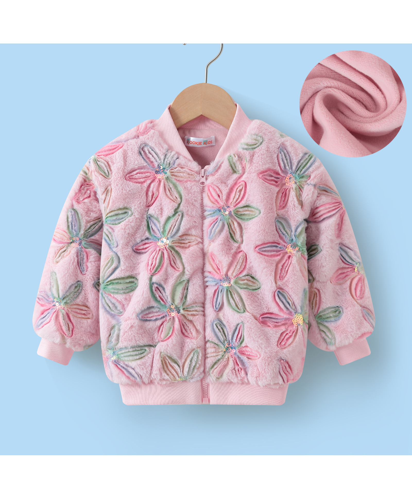 Kookie Kids Full Sleeves Front Open Fur Bomber Jacket with Floral & Sequin Embroidery - Pink-image-5