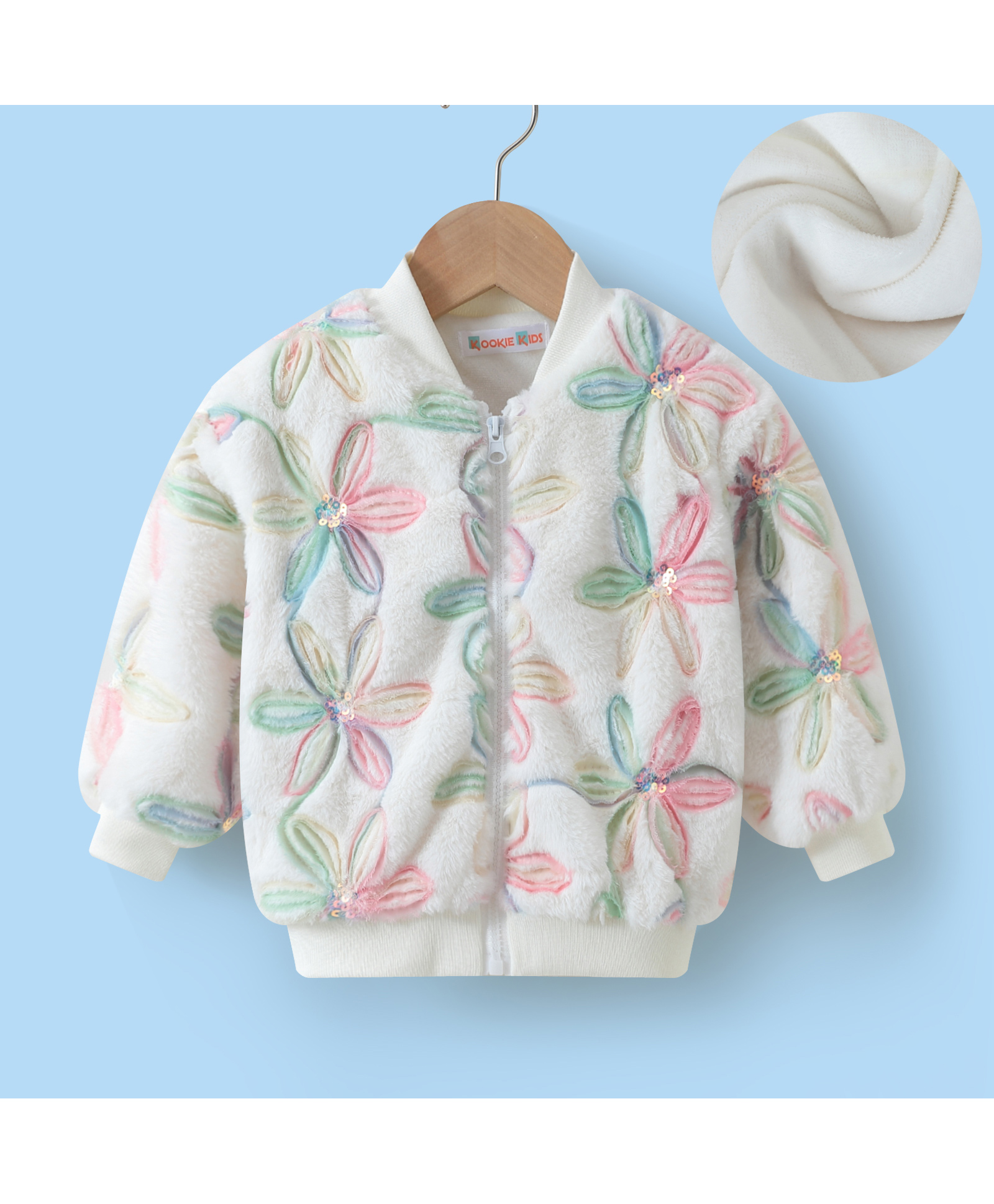Kookie Kids Full Sleeves Front Open Fur Bomber Jacket with Floral & Sequin Embroidery - Cream-image-4