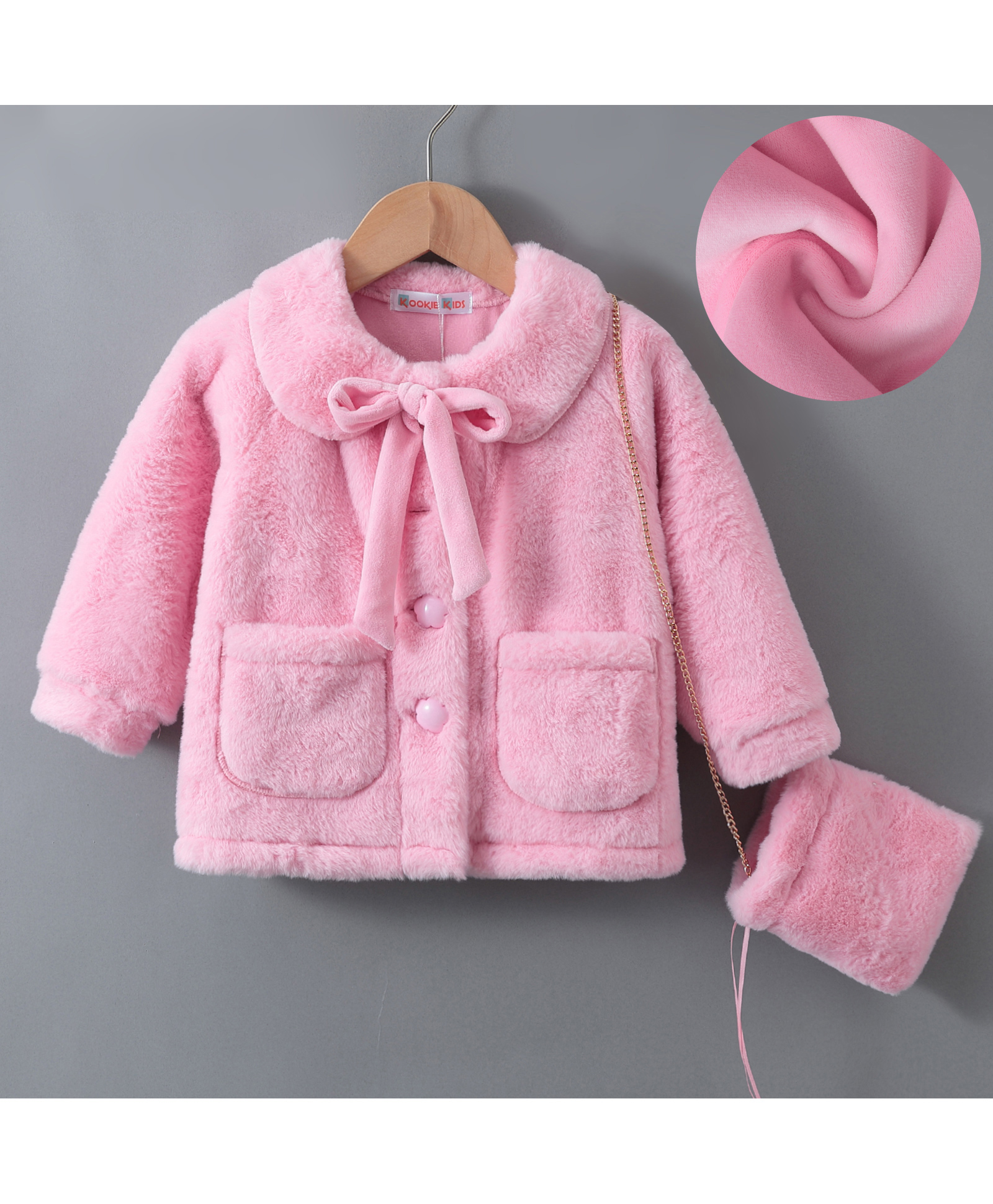 Kookie Kids Full Sleeves Collar Neck Front Open Winter Fur Jacket with Bow & Sling Bag - Pink-image-29