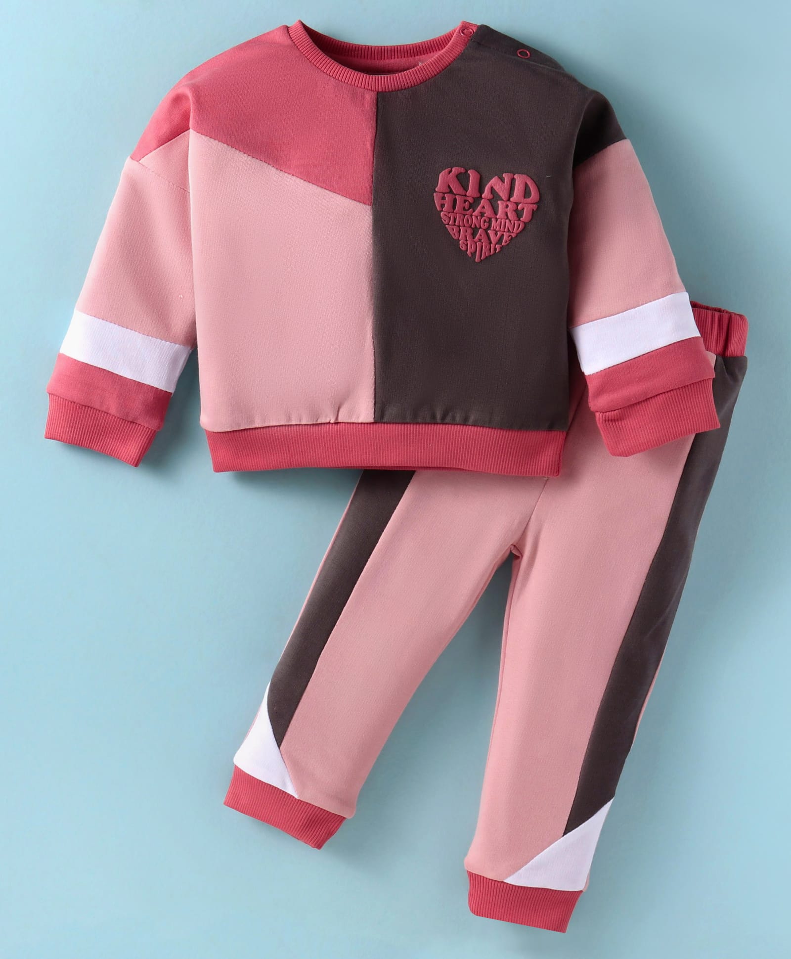 ToffyHouse 100% Cotton Knit Full Drop Shoulder Sleeves Cut & Sew Sweatshirt with Puff Print & Lounge Pants Set - Pink & Brown-picture-36