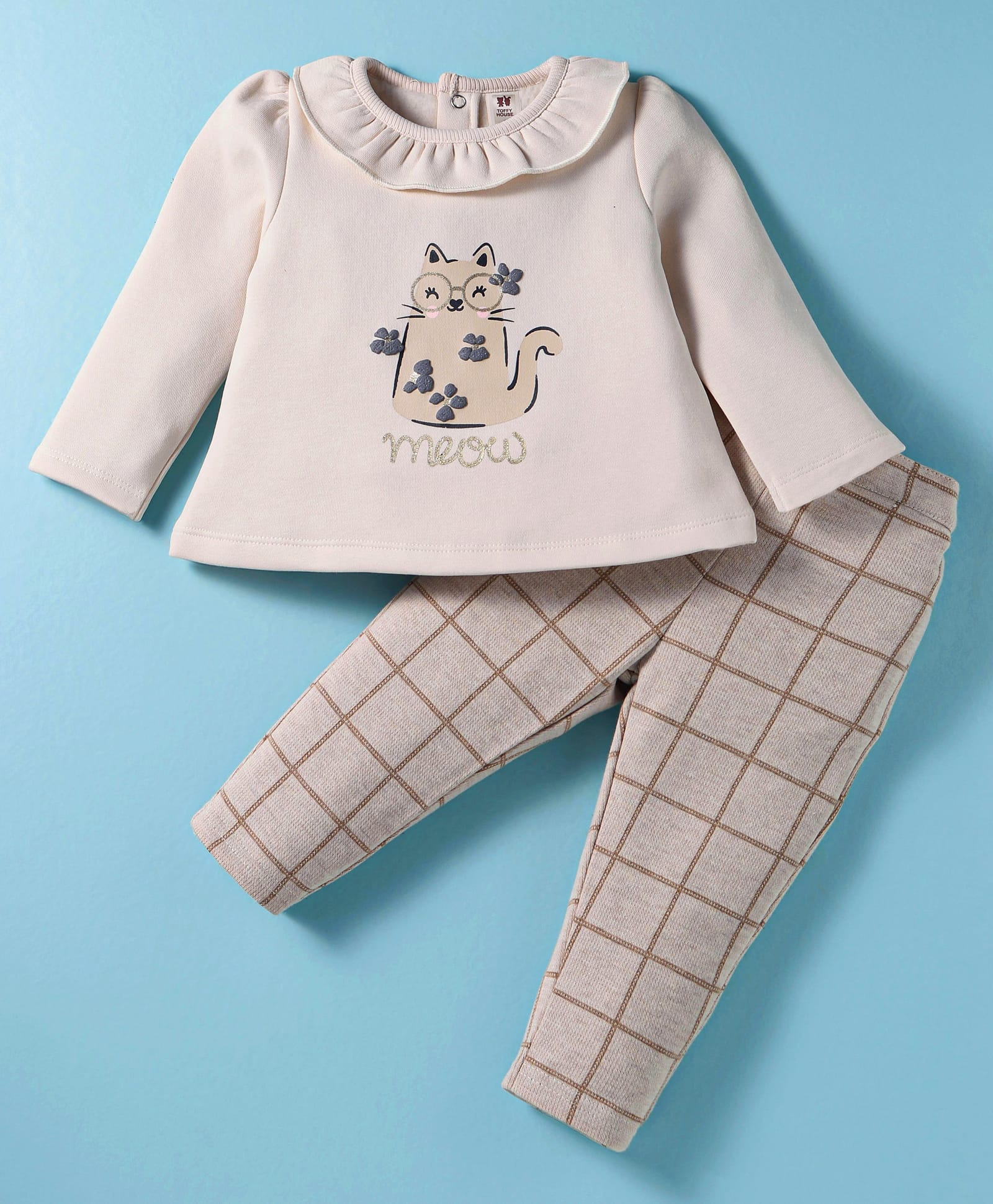 ToffyHouse Knit Full Sleeves Winter Wear Top & Lounge Pant Set With Kitty Print - Beige-image-48