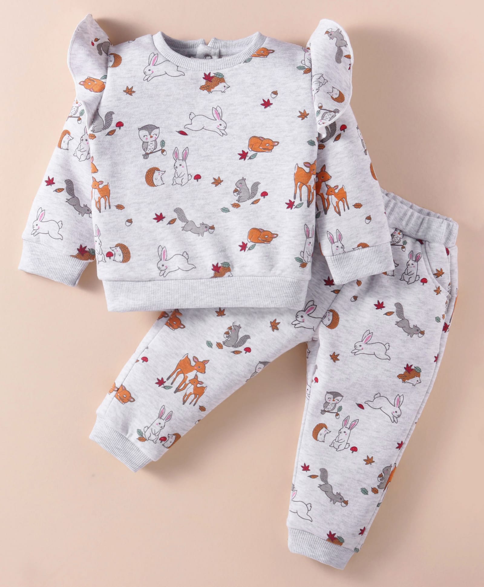 ToffyHouse Cotton Knitt Full Sleeves Frill Detailing Winter Wear T-Shirt & Lounge Pant Set With Animal Print - Grey-picture-22