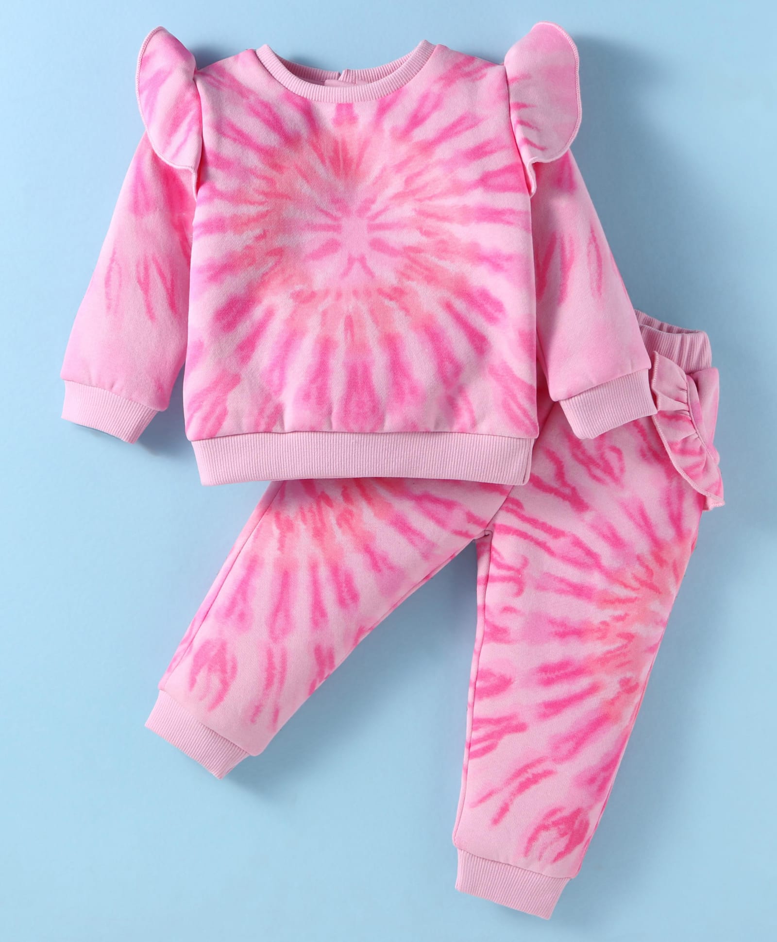 ToffyHouse Cotton Knitt Full Sleeves Frill Detailing Winter Wear Top & Lounge Pant Set With Tie-Dye Print - Pink-picture-10