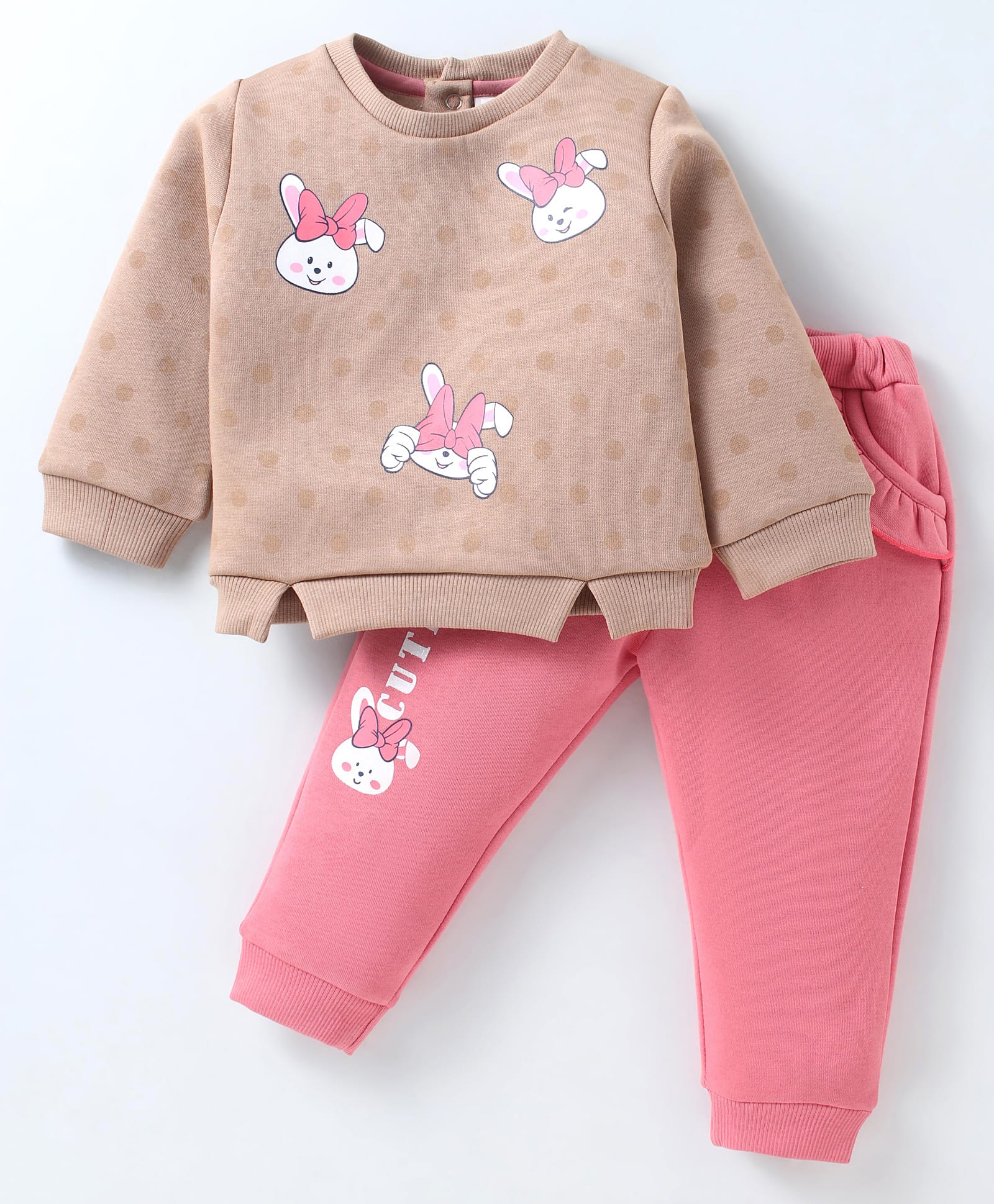 ToffyHouse Fleece Knit Full Sleeves Winter Wear Top & Lounge Pant Set with Bunny Print - Tan & Pink-picture-19