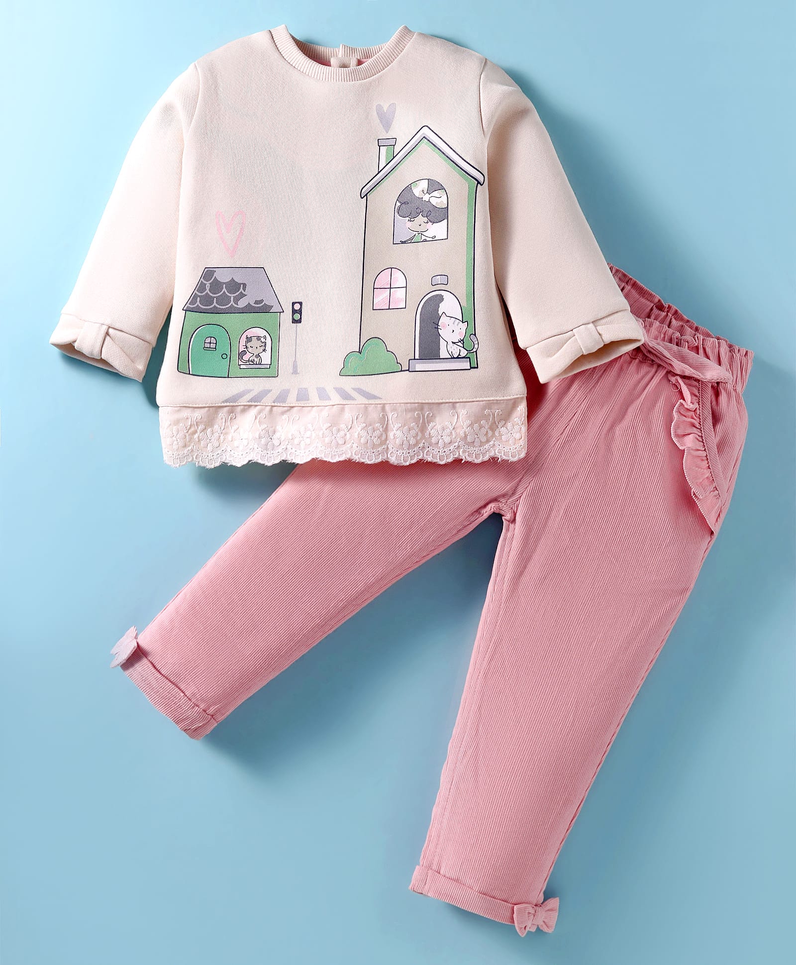 ToffyHouse Fleece Knit Full Sleeves Winter Wear T-Shirt & Trouser Set With House Print - Ivory & Pink-image-44