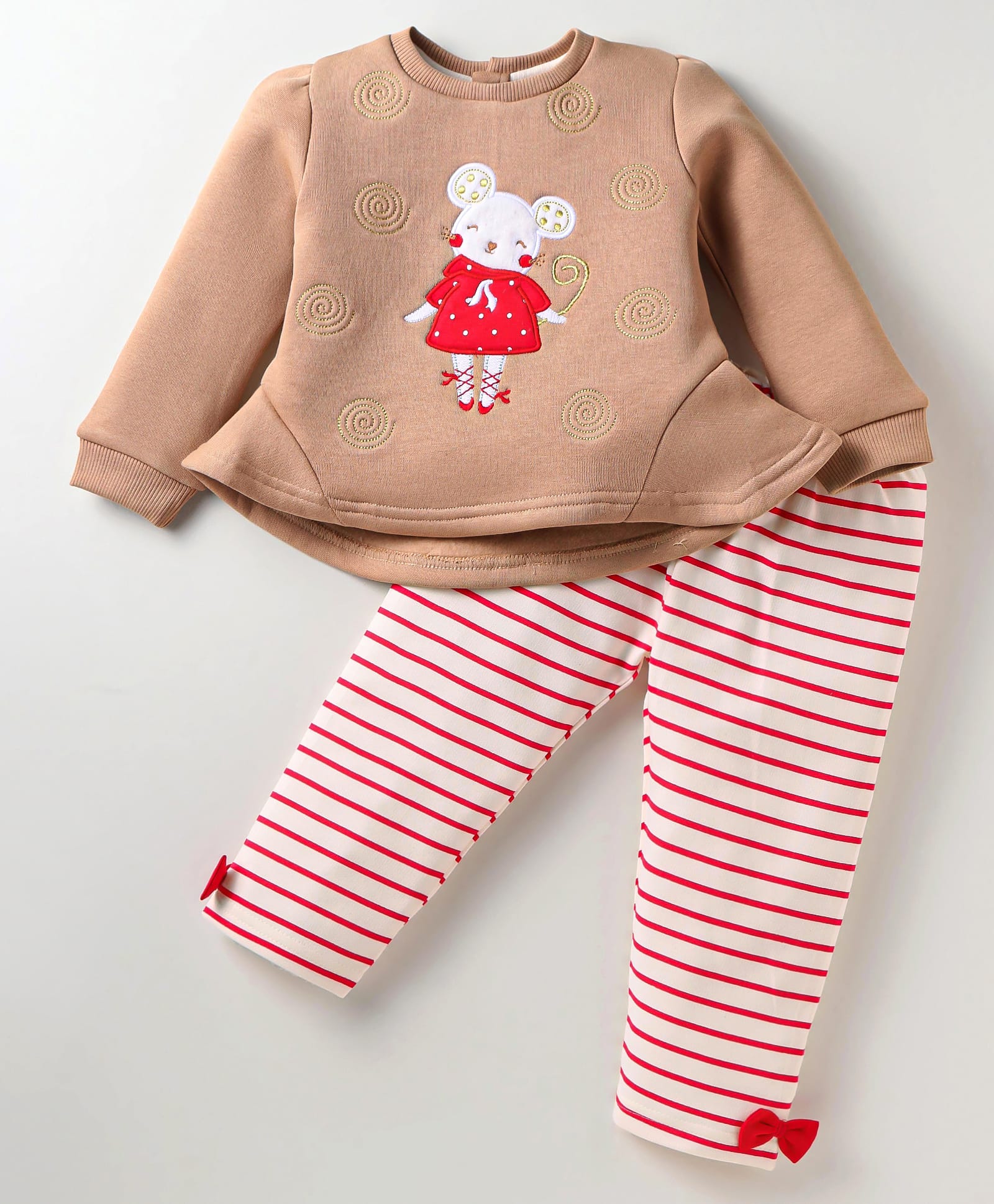 ToffyHouse Fleece Full Sleeves Winter Wear Top & Leggings Set with Animal Patch & Stripes - Red Tan-image-43