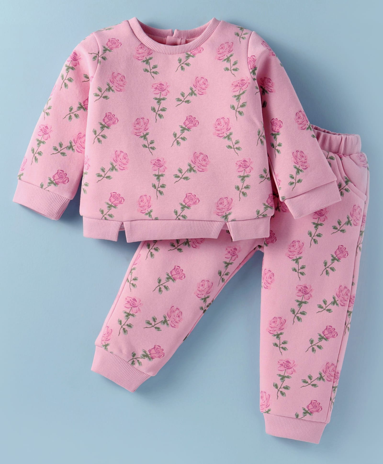 ToffyHouse Fleece Knit Full Sleeves Winter Wear Top & Lounge Pant Set With Floral Print - Pink-picture-7