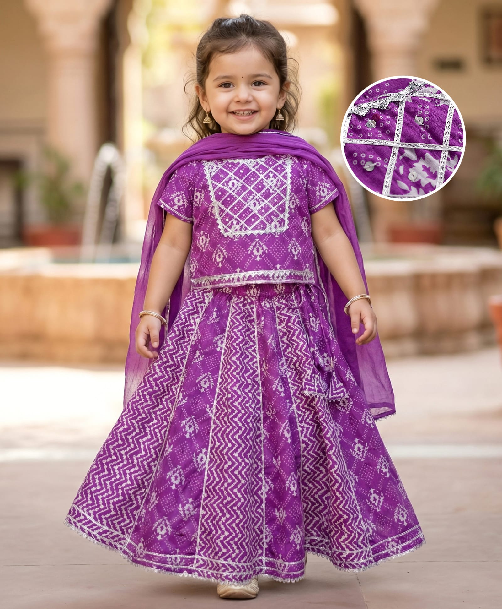 Babyhug Cotton Woven Half Sleeves Lehenga Choli Set With Floral Print & Dupatta - Purple-picture-15