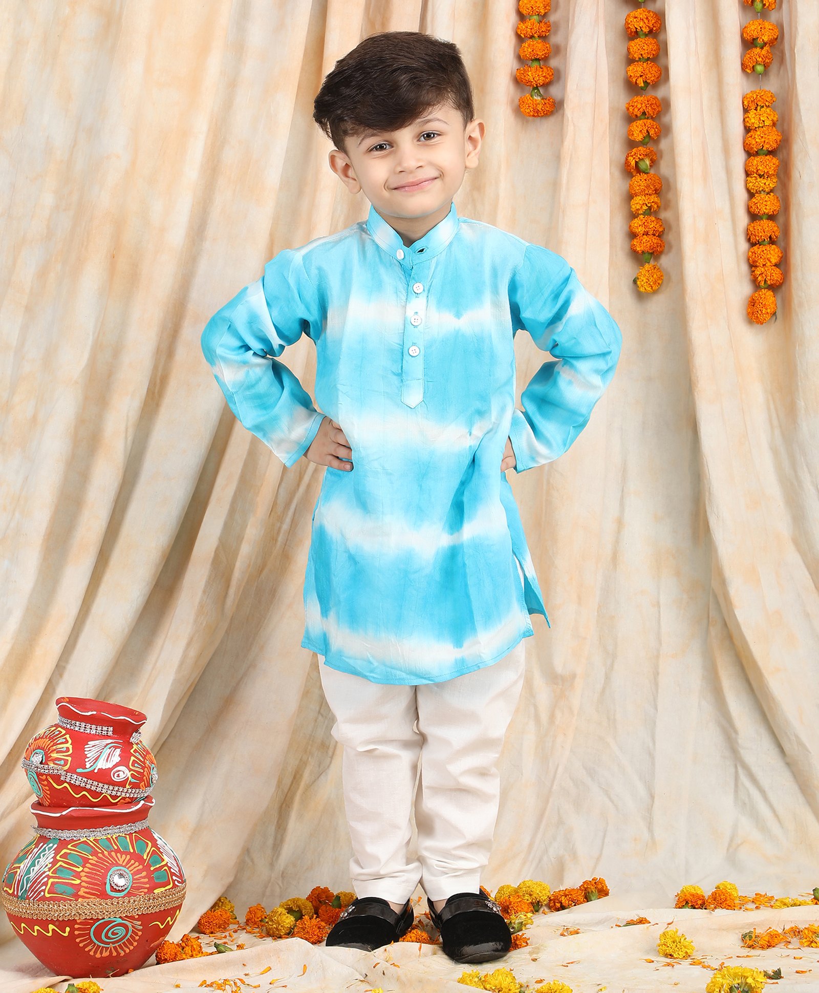 Polka Tots Full Sleeves Tie Dye Kurta Pyjama Set - Blue-image-10