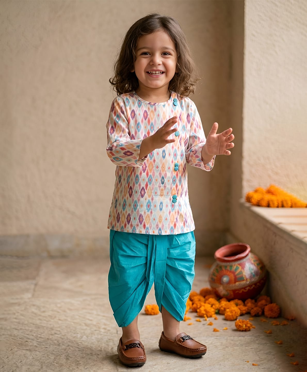 Polka Tots Full Sleeves Ikat Designed Kurta With Dhoti Set - Multi Colour-image-47