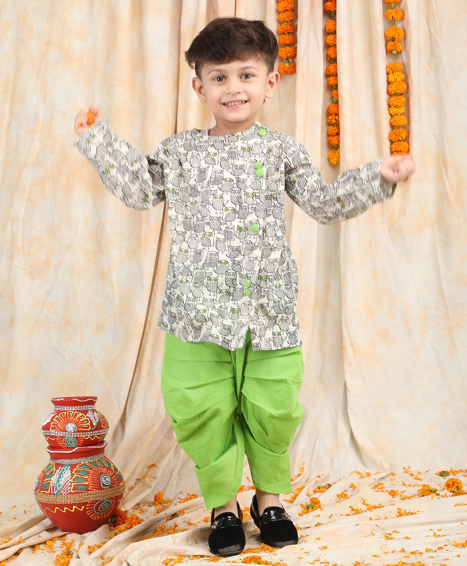 Polka Tots Full Sleeves Birds Printed Kurta With Dhoti Set - Multi Colour-image-31
