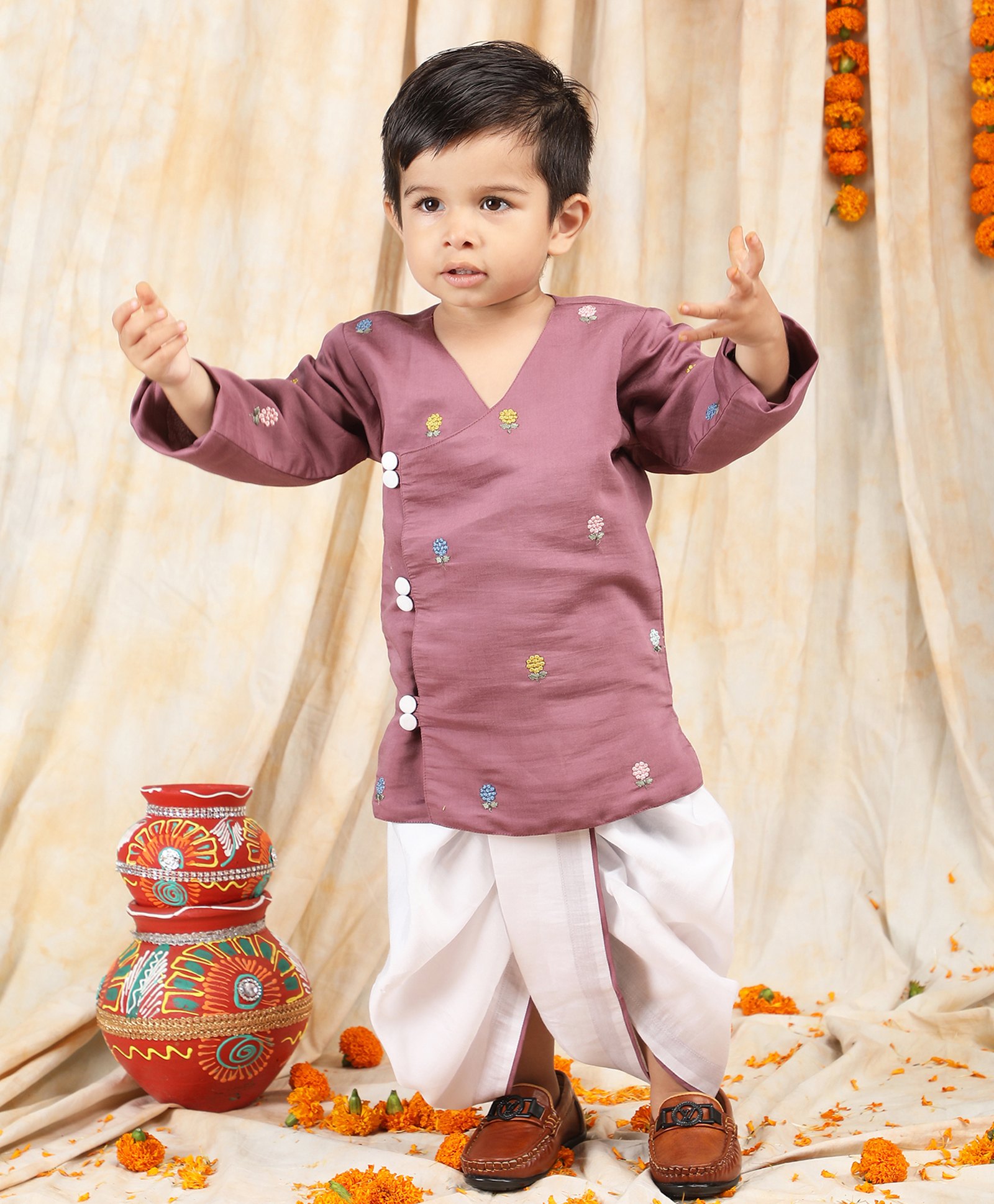 Polka Tots Cotton Full Sleeves Floral Embroided Kurta With Dhoti - Pink-picture-14