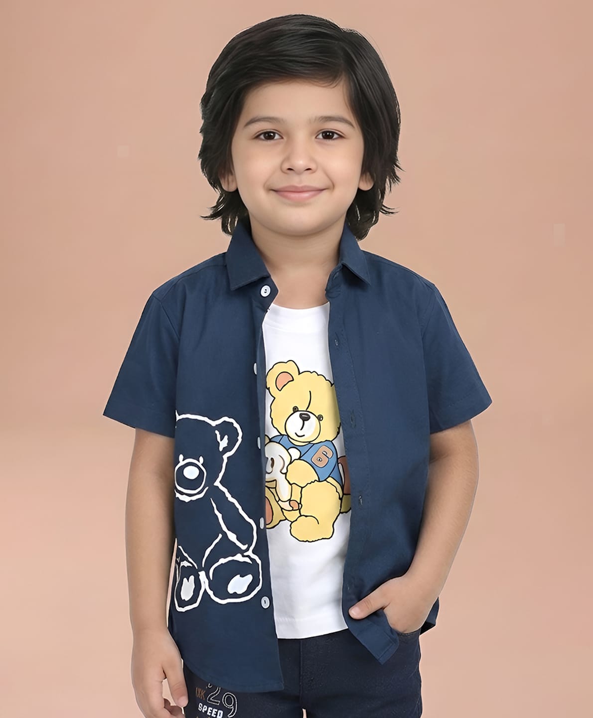 Polka Tots Half Sleeves Teddy Bear Printed Shirt - Navy Blue-image-47