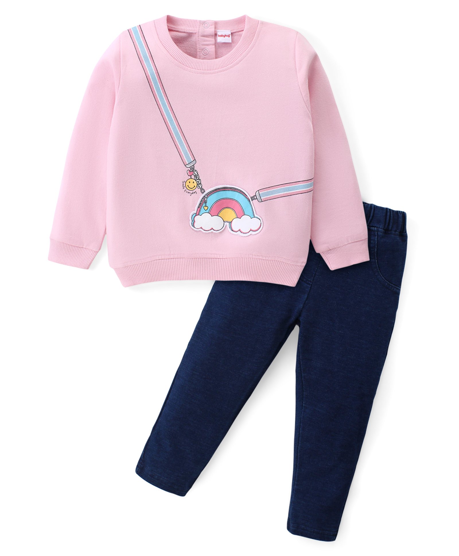 Babyhug Cotton Knit Full Sleeves Top & Lounge Pants Set With Rainbow Print - Pink & Blue-image-18