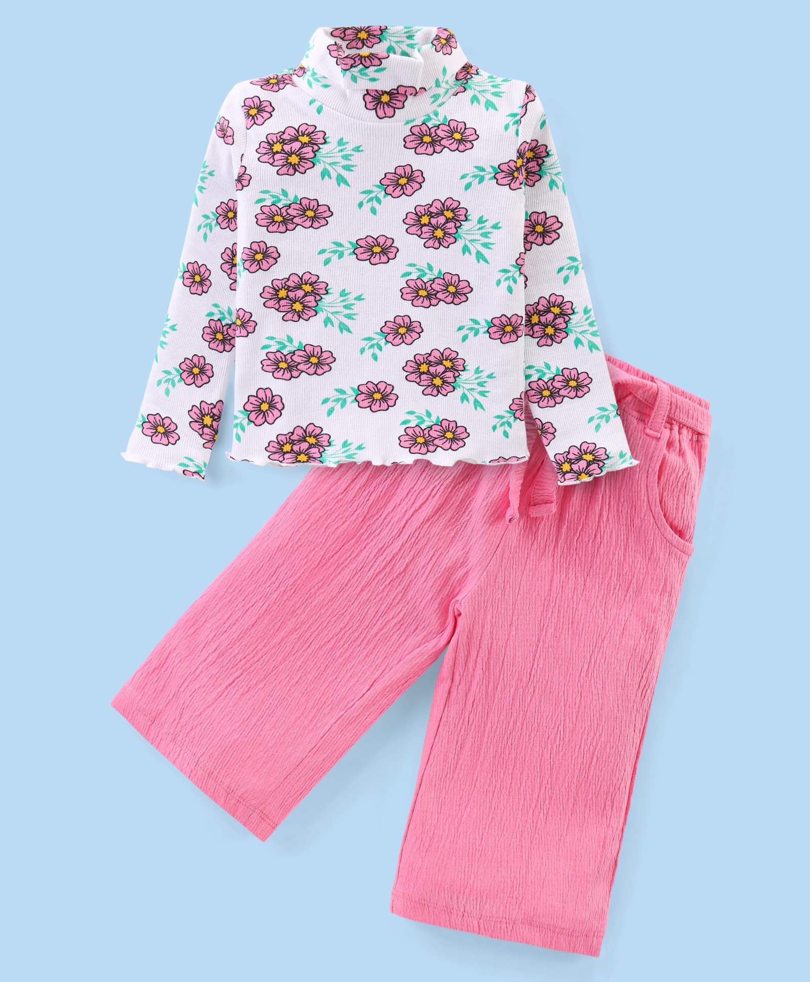 Babyhug Cotton Knit Full Sleeves Floral Printed Turtle Neck Top & Loose Fit Lounge Pants Set - White & Pink-picture-16