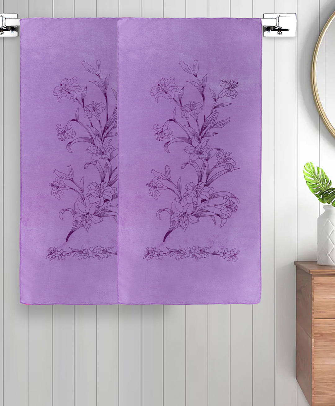 FABINALIV Set of 2 Purple Floral 300 GSM Cotton Kids Bath Towels (110X60 cm)-image-42