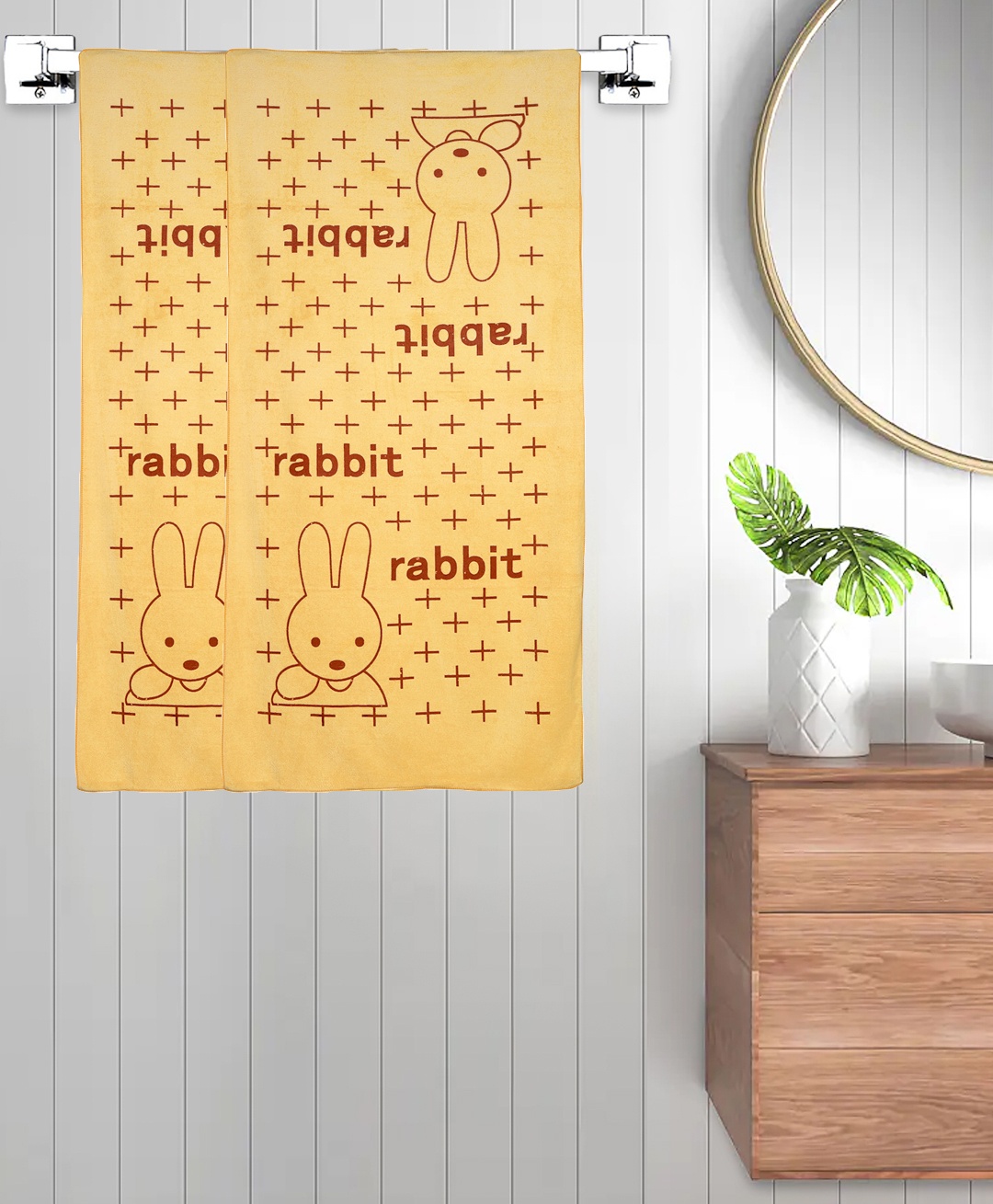 FABINALIV Set of 2 Mustard Cartoon 300 GSM Cotton Kids Bath Towels (110X55 cm)-picture-35